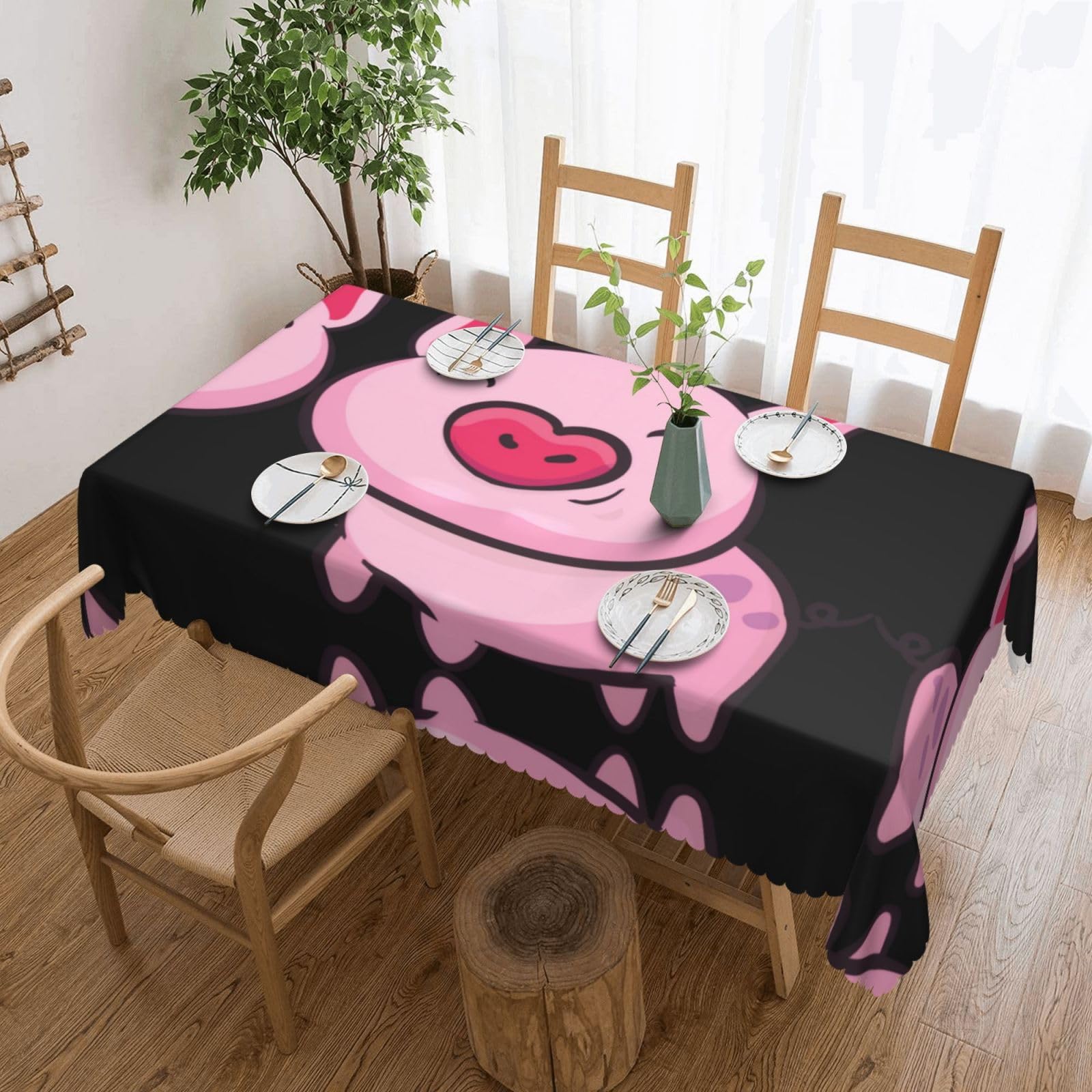 QAZWZML smile pink pig Printed tablecloth, made of thick polyester with lace trim, suitable for dining rooms, picnics, and weddings