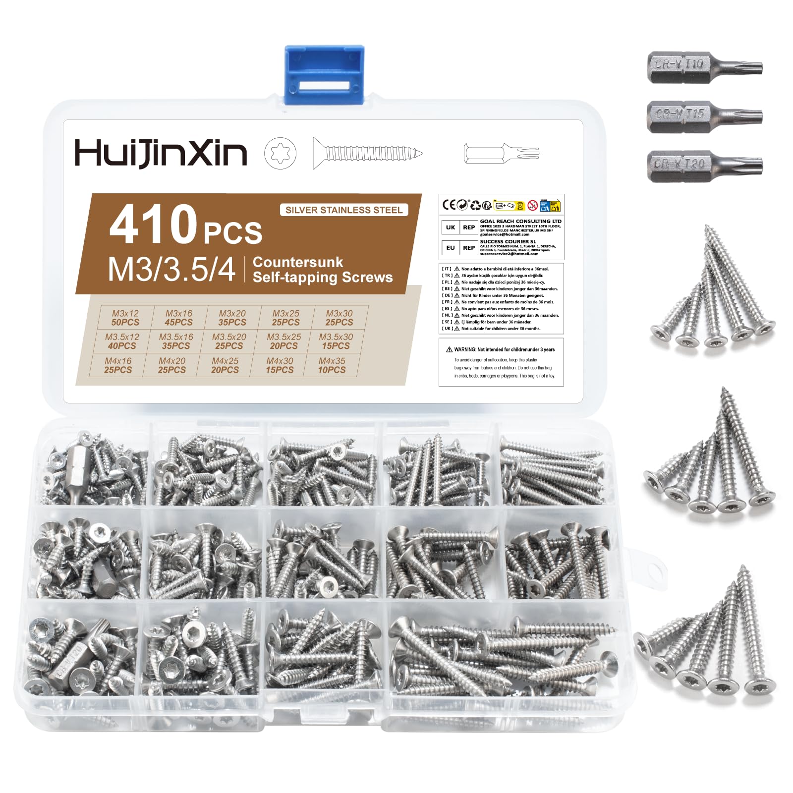 410 Pcs Flat Countersunk Head Torx Screws Set, Stainless Steel Sheet Metal Screws, Tamper Proof Self Tapping ScrewsSecurity Screw Set for Wood Mechanical Industry (Silver) (Flat head screw)