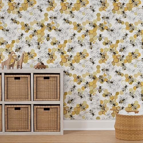 Vista 7 de Removable Wallpaper 12ft x 2ft - Honey Bees Endangered Species Animals Bee Flowers Honeycomb White Insects Custom Pre-Pasted Wallpaper by Spoonflower
