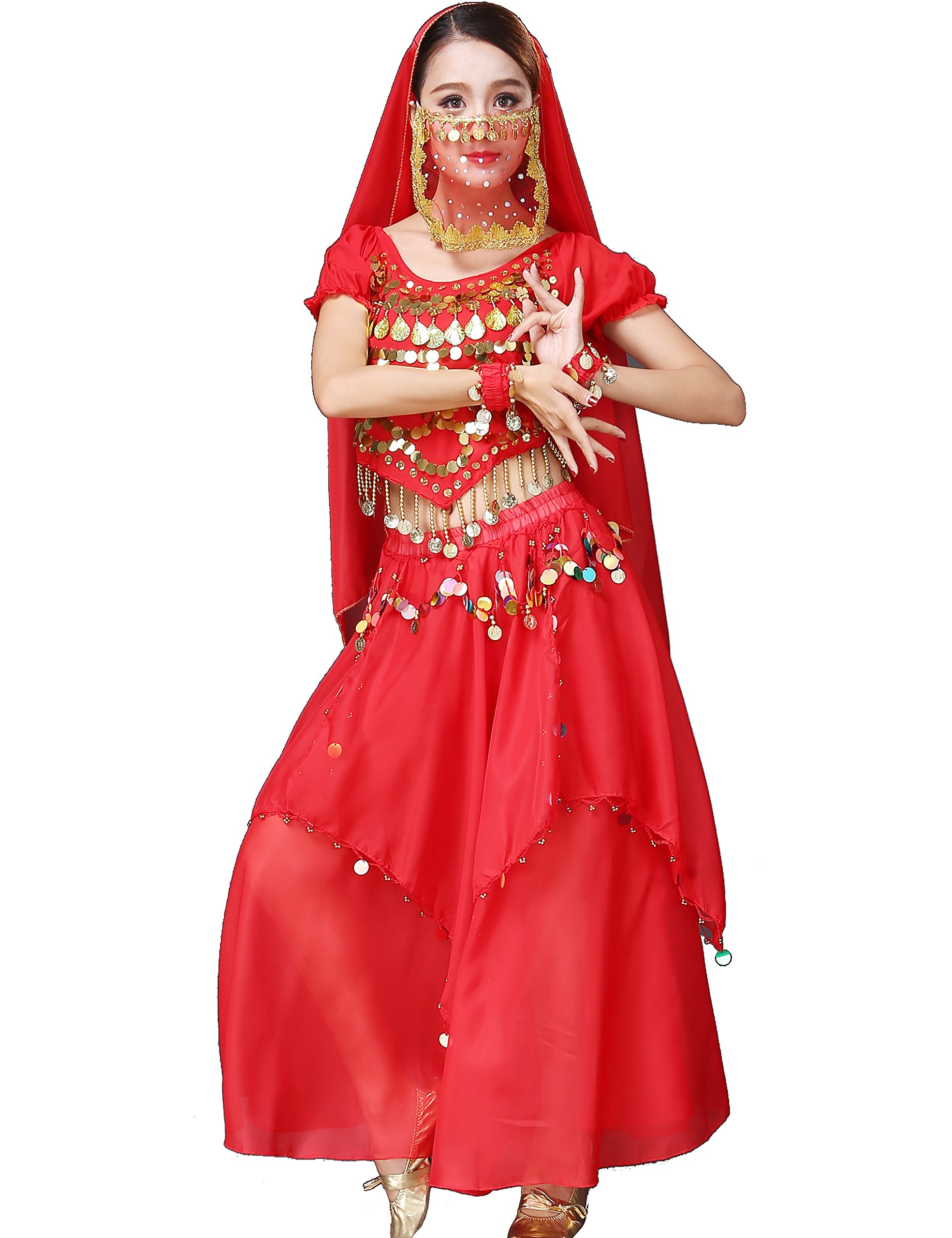 Astage Belly Dance Halloween Costume Top Skirts Veil Bracelets Headdress Sets