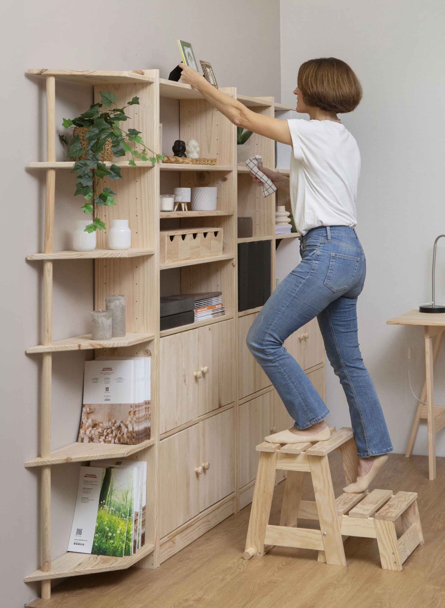 Taburete Escalera Plegable de Madera de Pino con 2 peldaños (42X50x38,6cm)