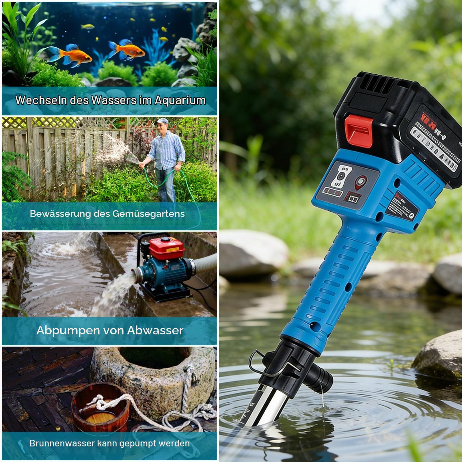 Akku Regenfasspumpe 21V, Regenfasspumpe Akku mit 2×1500mAh Akku und 8m Schlauch, Bürstenlos Motor,3-stufiger Durchfluss, max.Fördermenge 3000 L/h, Förderhöhe 8 m, für Garten Pool Wohnmobil Regentonne