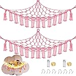 CERETIA Stuffed Animal Hammock with LED Light, Large Stuffed Animals Storage Corner Plushie Net for Kids Room Decor, 2 Packs Pink