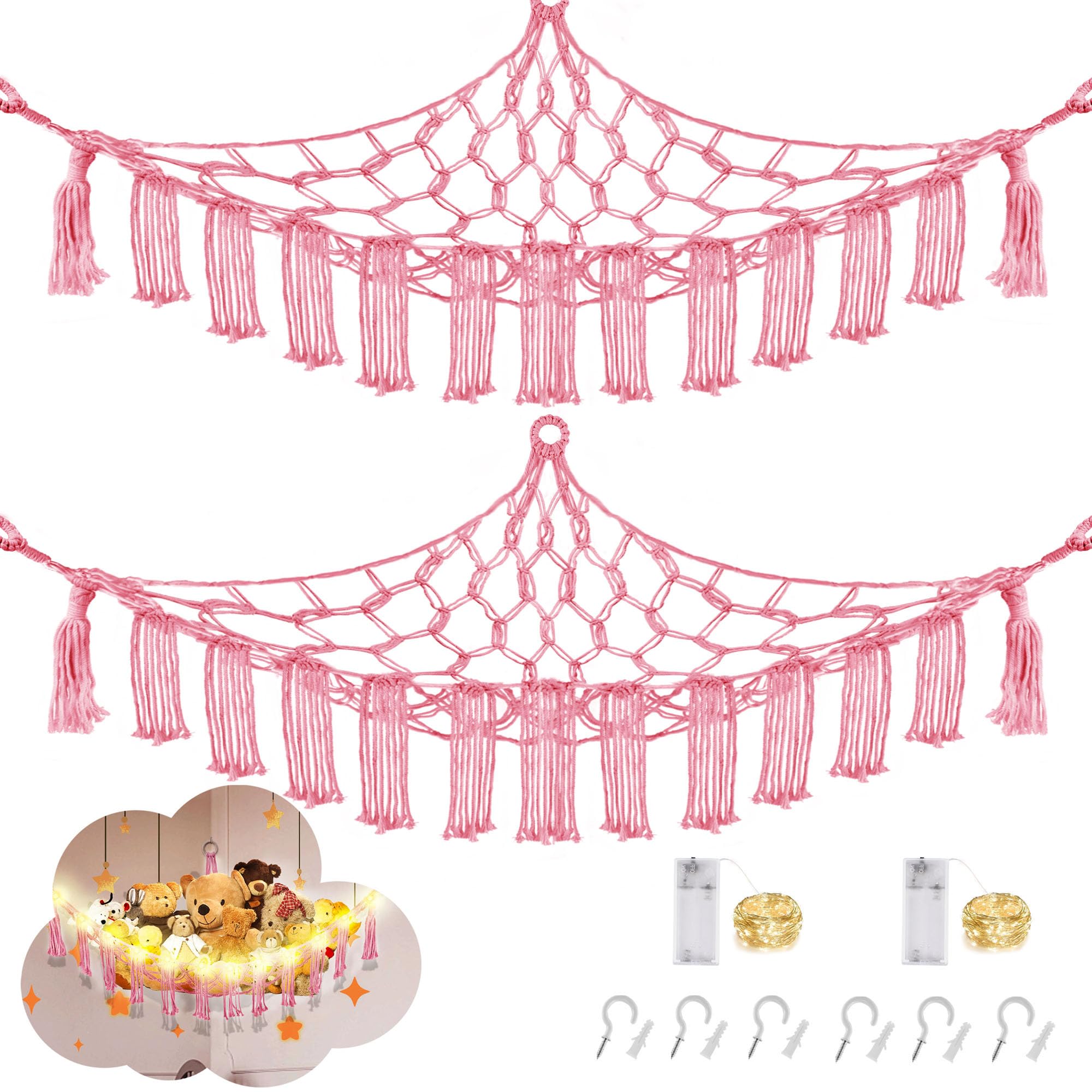 CERETIA Stuffed Animal Hammock Corner Plushie Net Storage, 2 Packs Pink