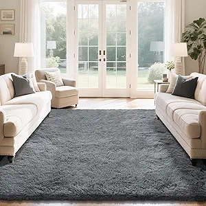 Fluffy Rug Shaggy Area Rug, Dark Grey 6x9 Area Rugs for Living Room, Large Shag Area Rugs for Bedroom Kids Room Home Decor, Upgrade Anti-Skid Rectangular Fuzzy Rugs
