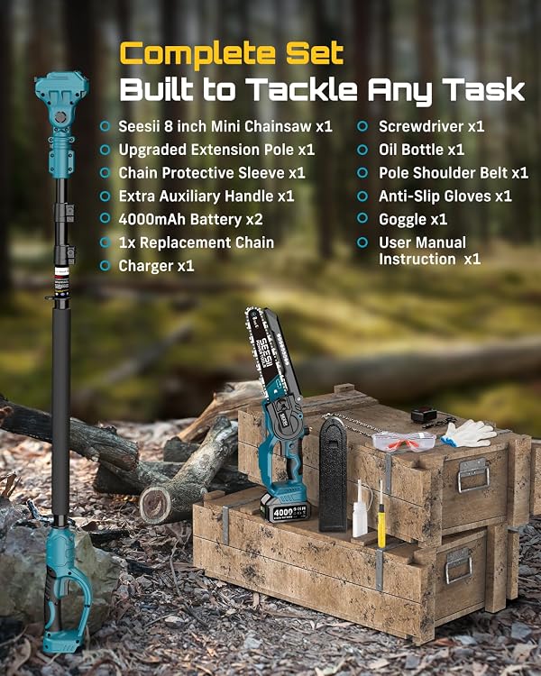 SEESII 2 in 1 Cordless 8 inch Pole Saw & Mini Chainsaw with 2 Battery, Power Electric Polesaw for Tree Trimming, Chain Saw with Extension Pole, Limb Branch Cutter Pruner P8 Ace by Seesii - Image 9