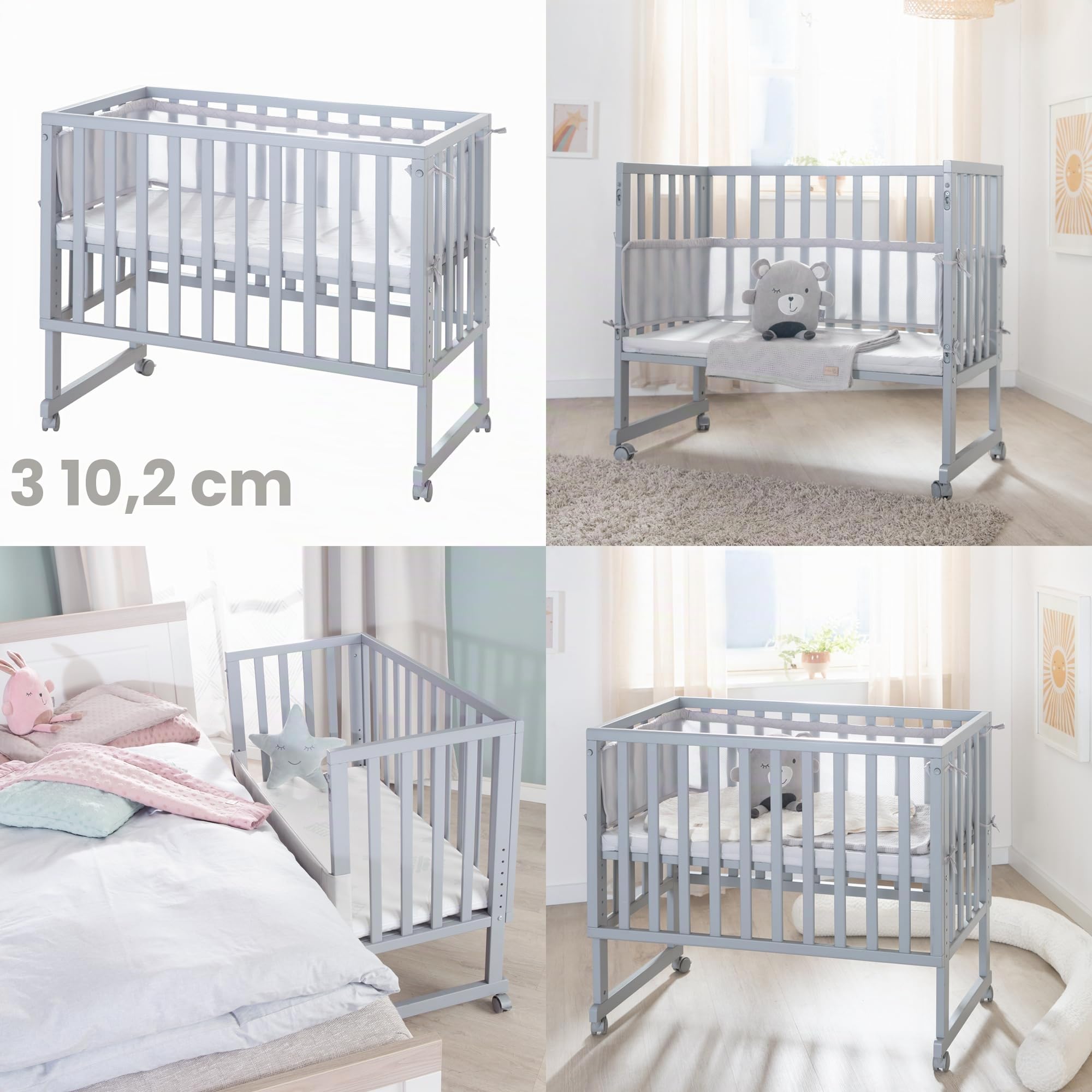 roba Lit et Berceau Cododo 'roba Style' 3 en 1 avec Barrière, Matelas et Bordure en Maille - Réglable en Hauteur pour Lit Parental - Barrières Latérales Amovibles - Dès la Naissance - Bois Gris