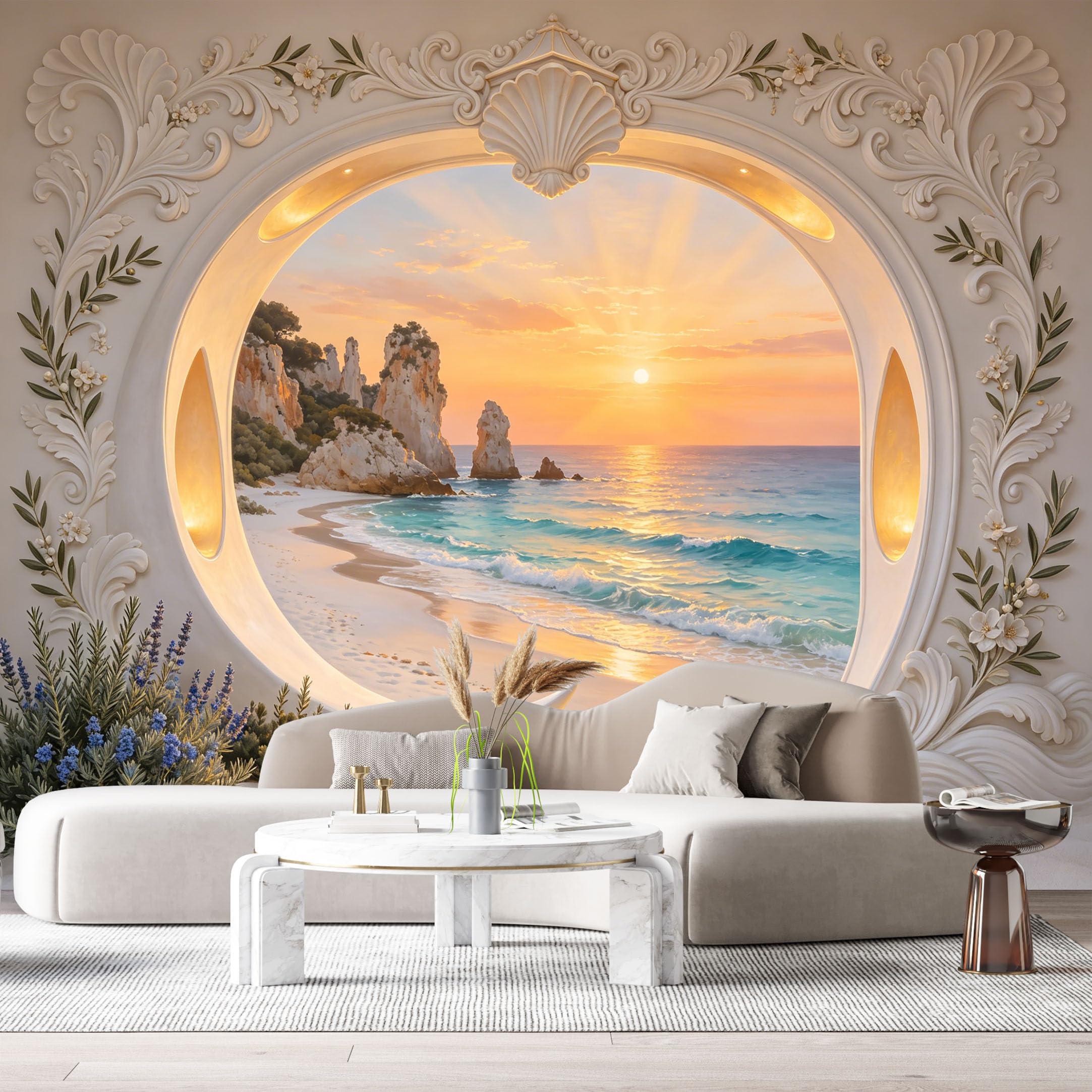 Custom Size Wall Murals Coastal Landscape Ocean Seashell 3D Trompe L'Oeil SelfAdhesiveWall Fabric Removable Wallpaper Wall Decor for Living Room Bedroom Bathroom