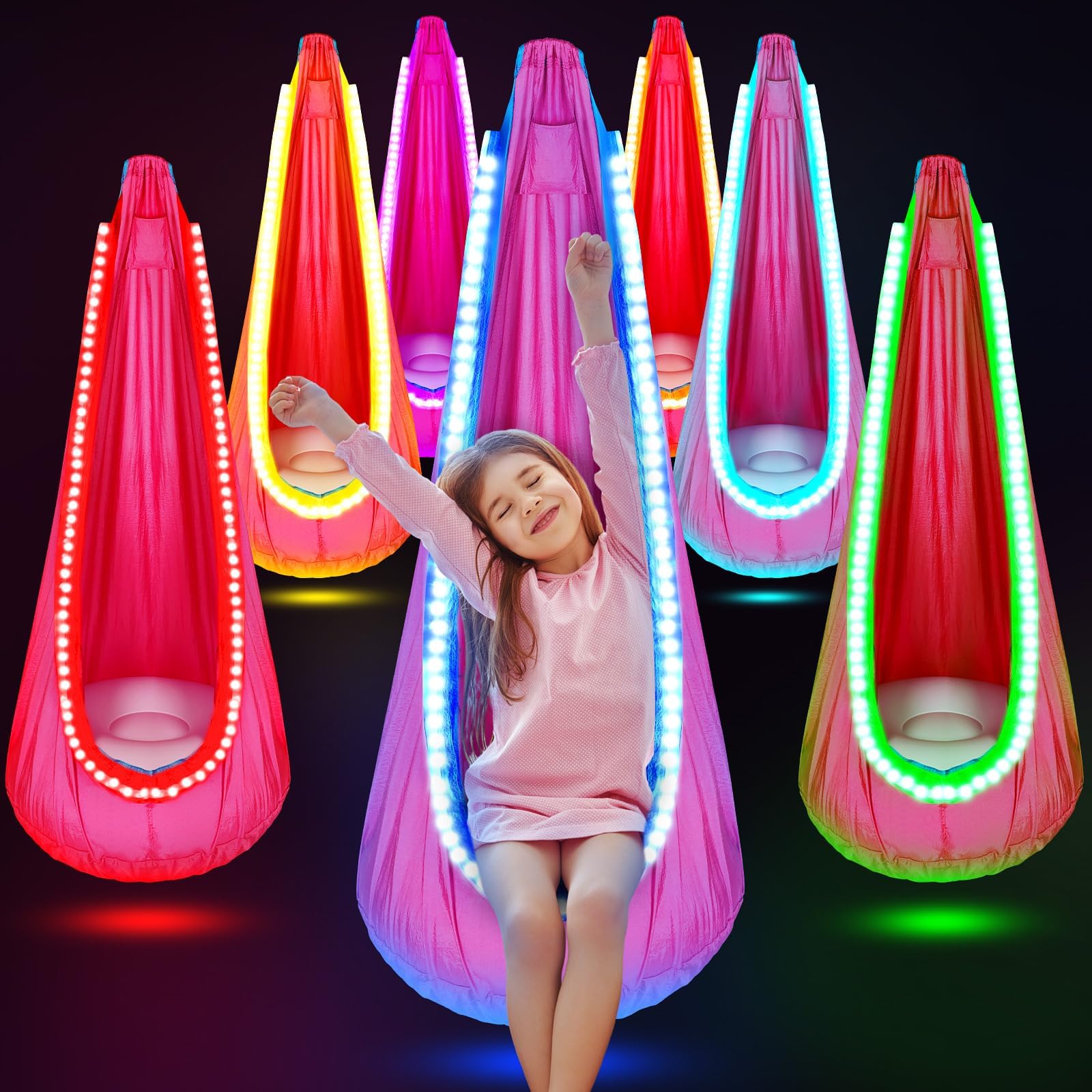 Light up Kids Pod Swing Seat Hanging Hammock with LED Lights, Inflatable Pillow and Installation Accessories, Pod Swing Chair for Kids Hanging Chair for Indoors and Outdoors (Rose Red)