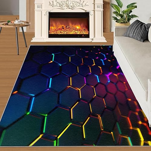 Miniatura 3 de Neon Hexagon Rugs for Bedroom, Futuristic Hexagon Area Rug, Cyberpunk Geometric Rugs for Living Room, Indoor Non-Slip Rug, Machine Washable Carpet