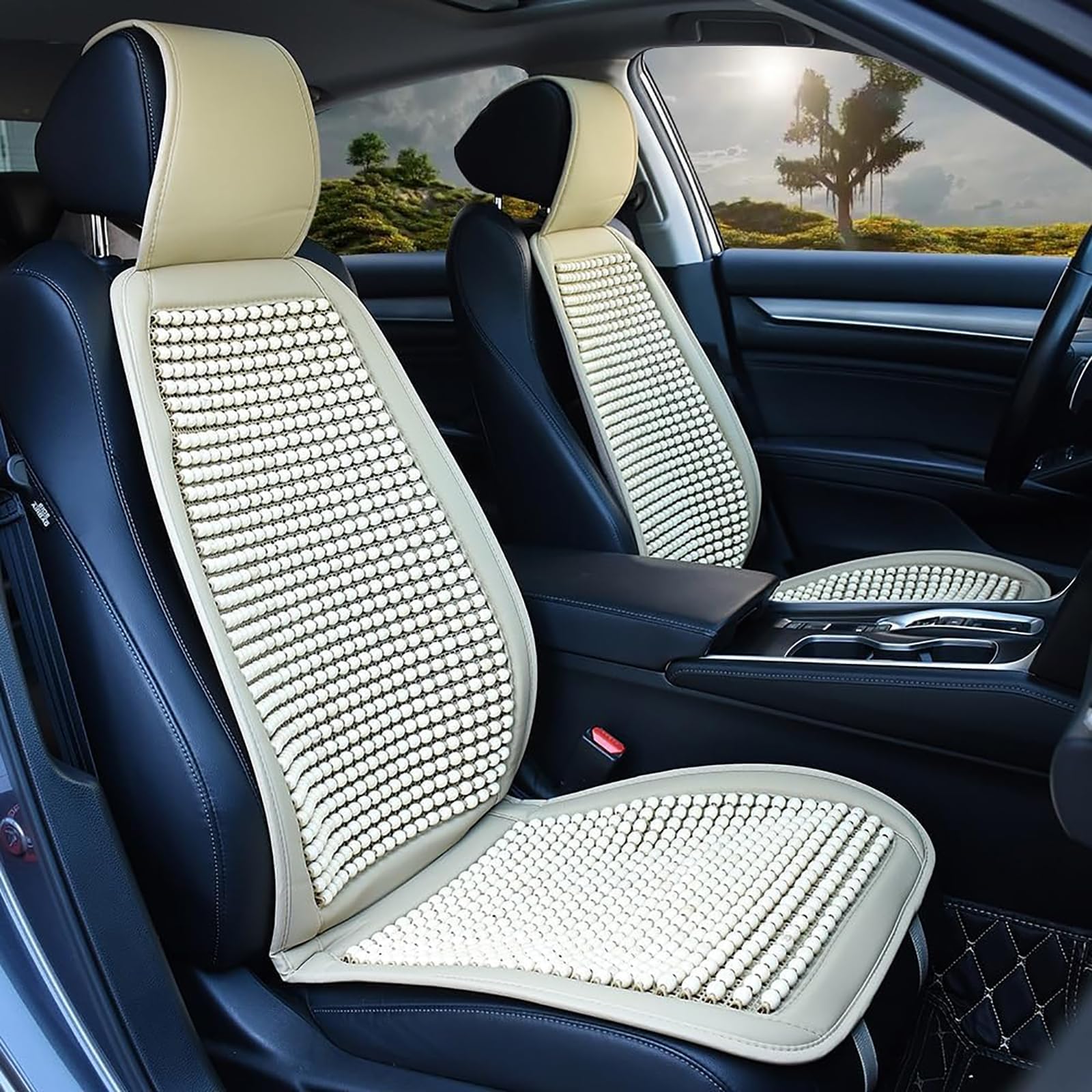 Universal Car Seat Cover for Skoda Kodiaq VRS 2025, Ergonomic Wooden Bead Massage Pads Front Seat Cushion Comfortable Breathable Protector Accessories,Beige- 2pcs