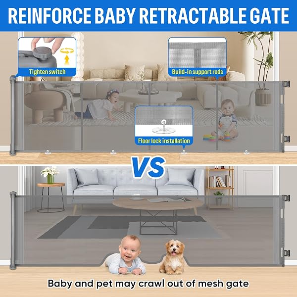 Puerta Seguridad Bebé Extensibles, 0-500 cm Barrera Seguridad Niños y Perros, Vallas de Seguridad para Niños Escaleras y Pasillos, Interiores y Exteriores (Gris) - 3