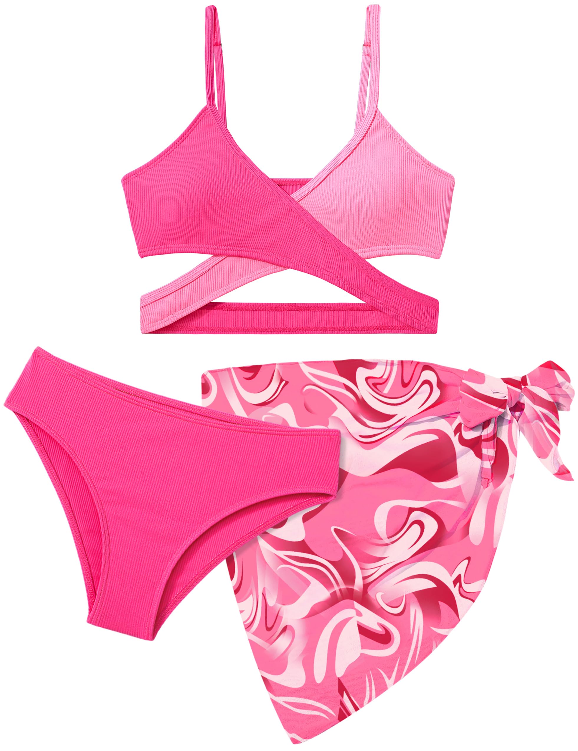 Girls Swimsuit 3 Piece Bathing Suits for Girls Criss Cross Color Block Bikini Set with Beach Cover Up Girls' Swimwear