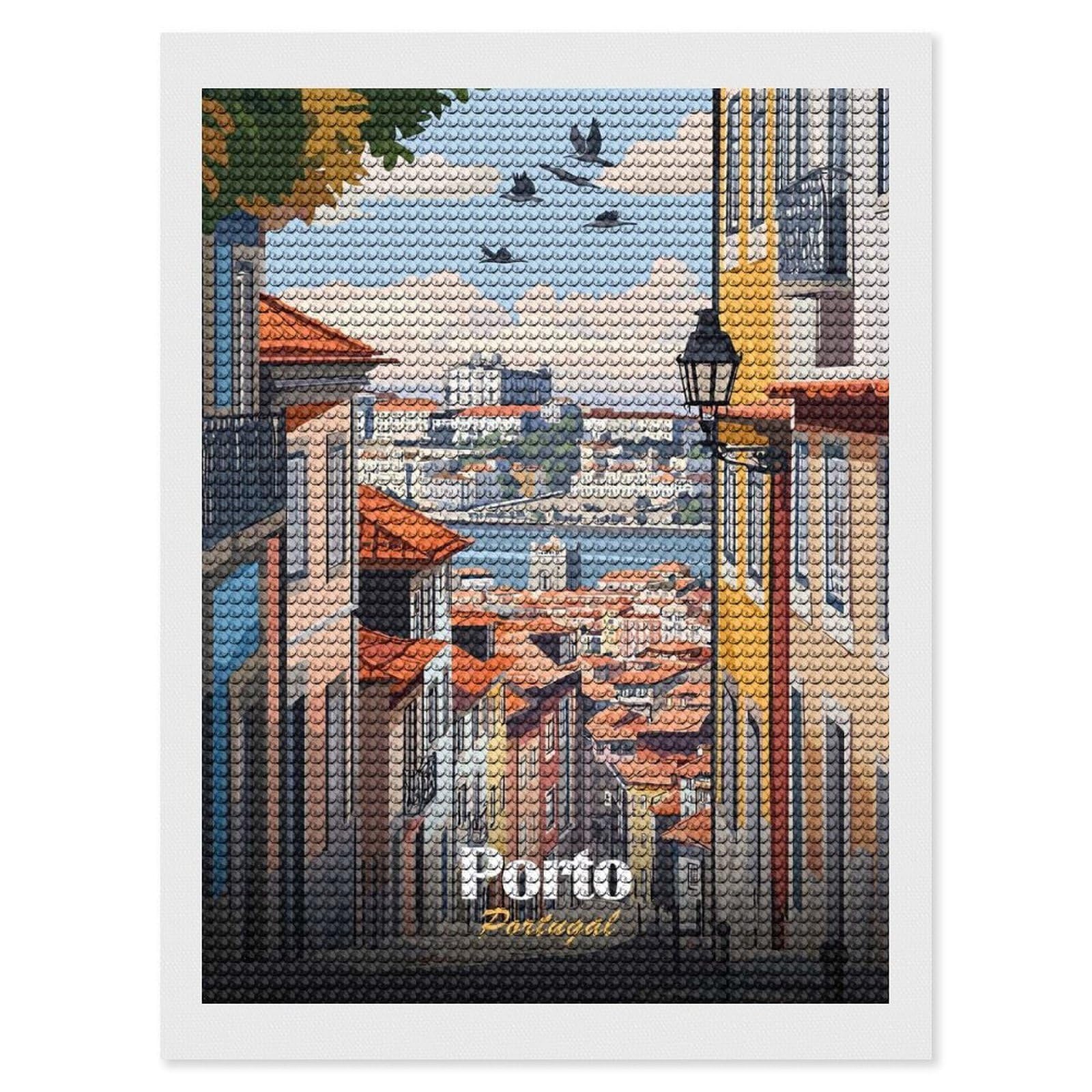 Junmoney Porto, Portugal Cityscape Illustration Diamond Painting Set 12"x16", Stress Relief Craft, Easy to Enjoy, Vintage Style Decor, Festive Craft Gift