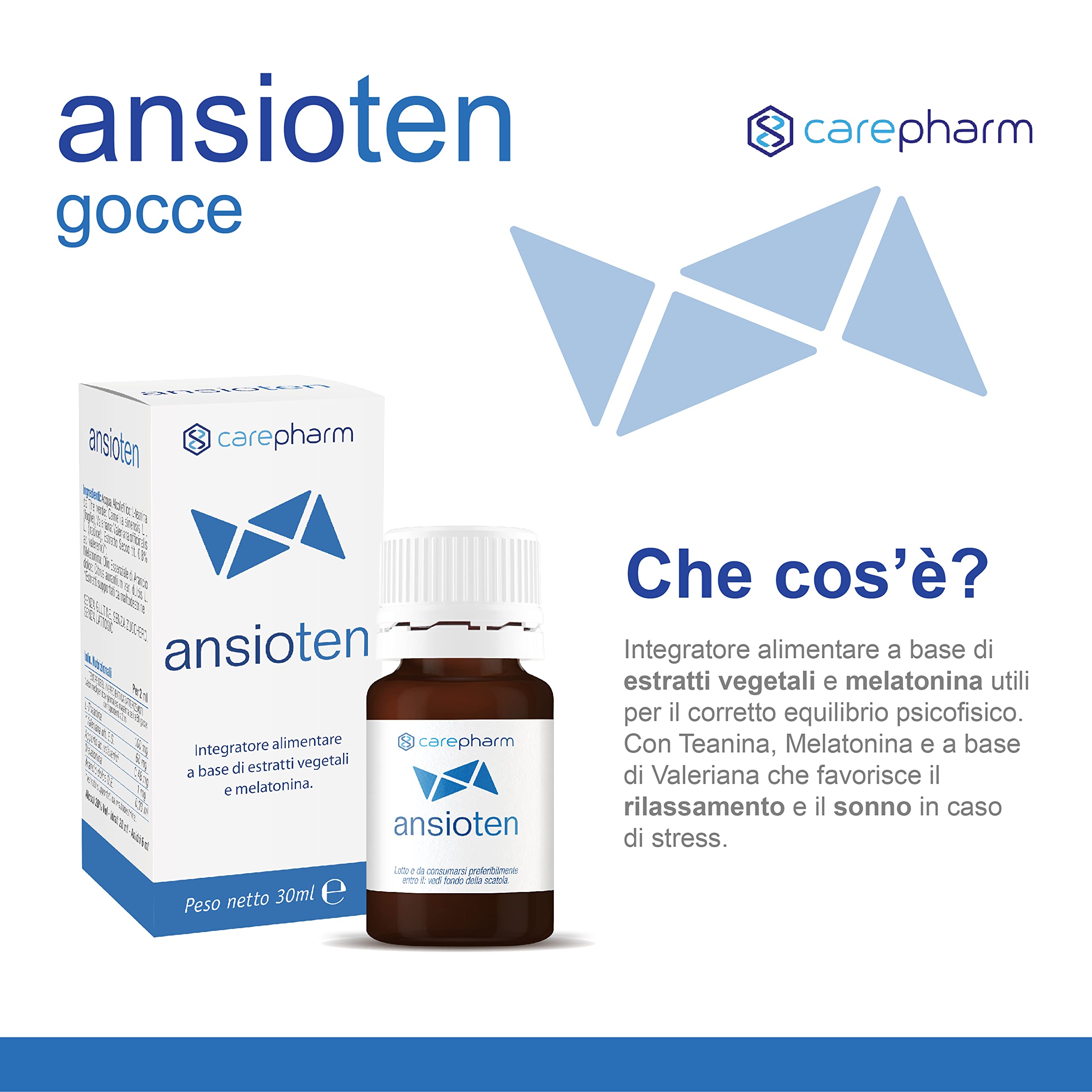 Carepharm, Ansioten, Integratore Alimentare Liquido a Base di Estratti Vegetali, Favorisce il Rilassamento e il Sonno in Caso di Stress, Senza Zuccheri, Senza Lattosio, 30 ml