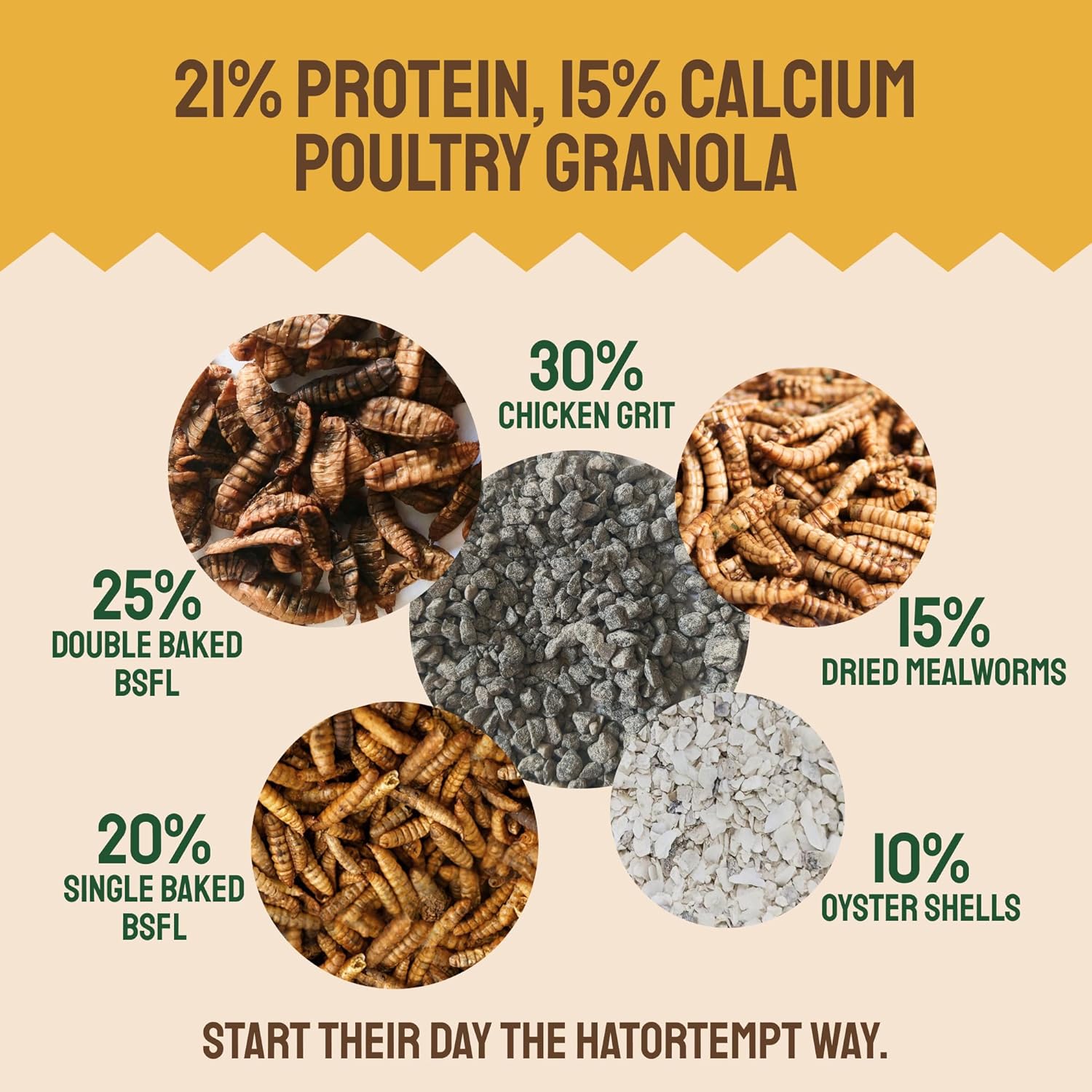 Hatortempt Grubs & Grits Chicken Feed Supplement - 5lb - with Chicken Grit, Mealworms, Black Fly Larvae and Oyster Shells - 21% Protein and 15% Calcium