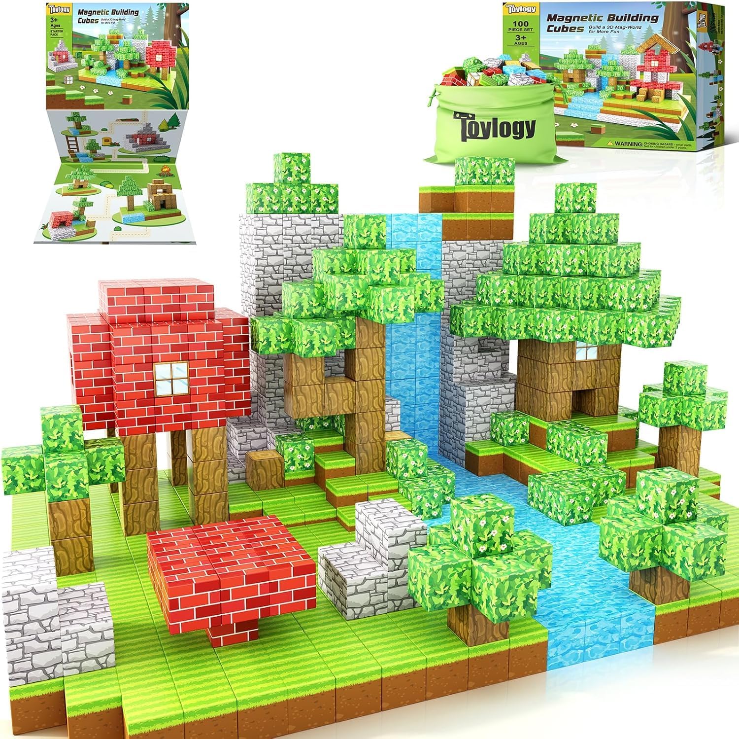 100PCS Magnetic Blocks-Build Mine Magnet World Forest Edition Toys for 3 4 5 6 7 Year Old Boys & Girls, Magnetic Tiles Sensory Kids Toys for 3+ Years Old Girls Boys, Building Construction Kids Game