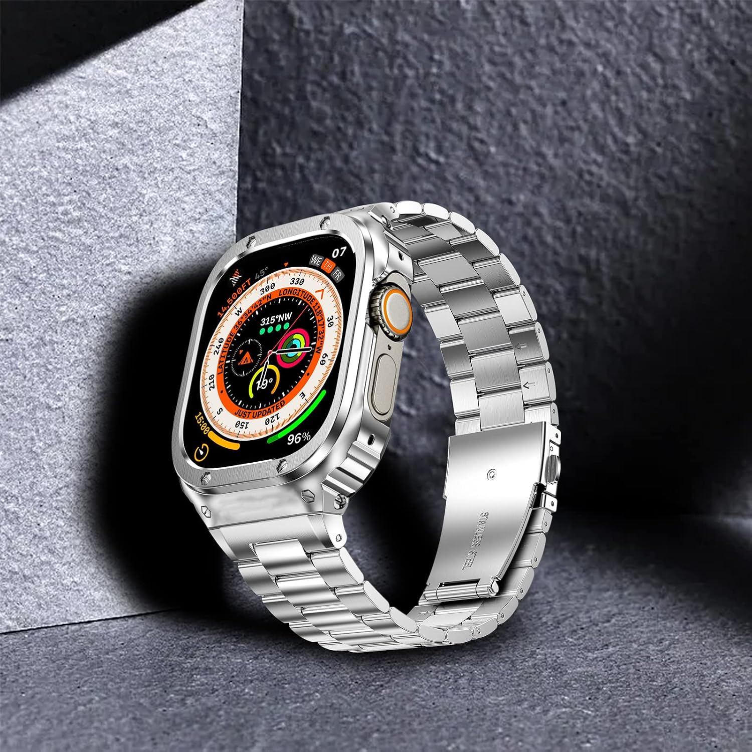 HASLFM Stainless Steel Band with Case Compatible with Apple Watch Ultra 3 2 1(49mm), Metal Protective Bumper Cover for iWatch Bands Men,Silver