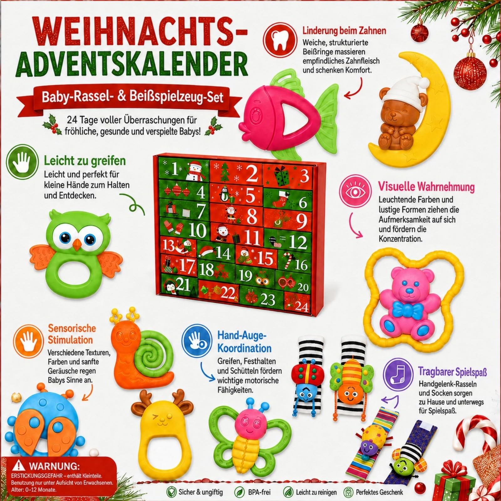Calendario dell'Avvento per bambini 2026, set di 24 giocattoli con sonaglio per il conto alla rovescia, giocattolo sensoriale per bambini, adatto come primo regalo di Natale per ragazzi e ragazze