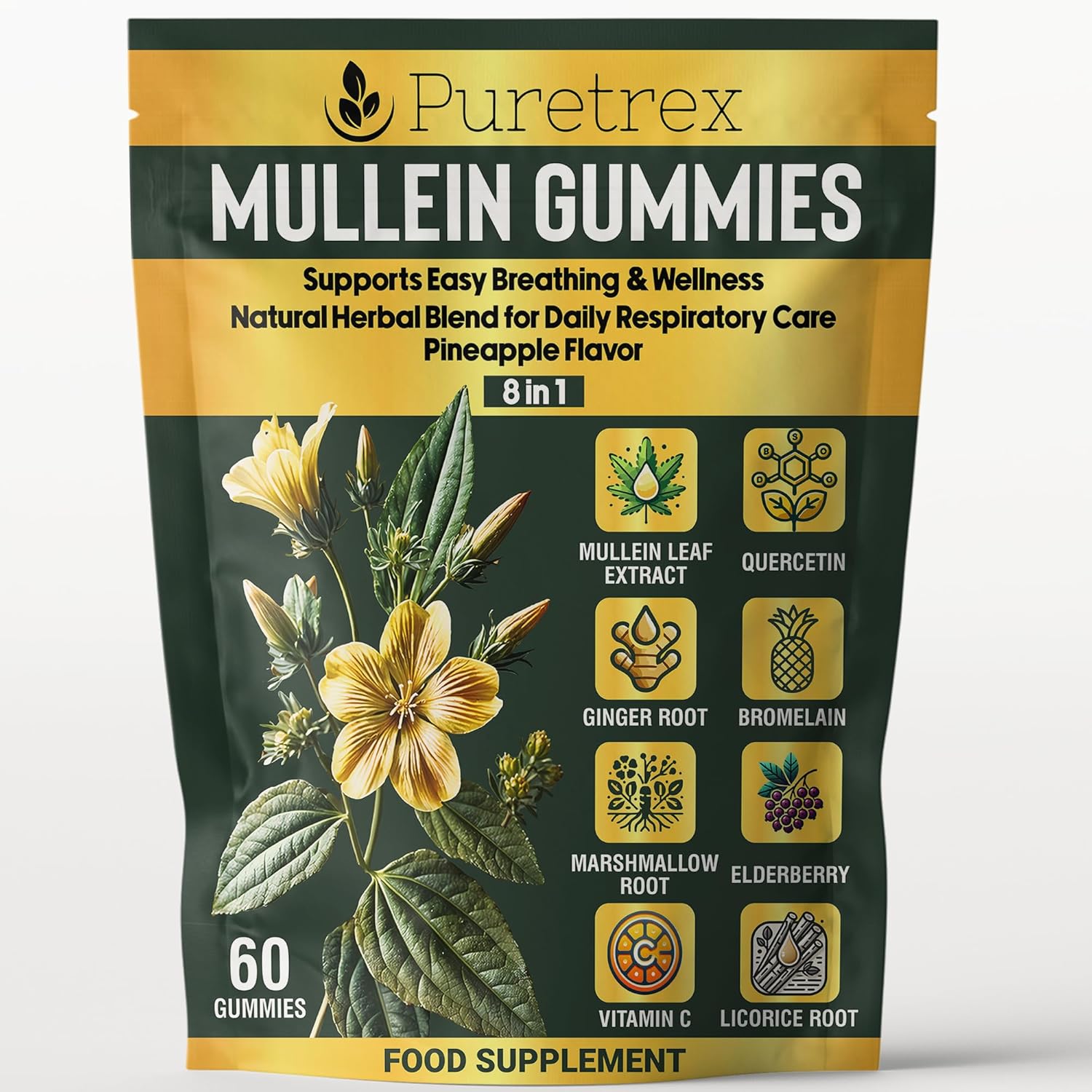 Mullein Gummies – 8-in-1 Respiratory Support with Quercetin, Ginger, Bromelain, Elderberry & Vitamin C – Lung Cleanse & Immune Booster – Pineapple Flavor – 60 Gummies