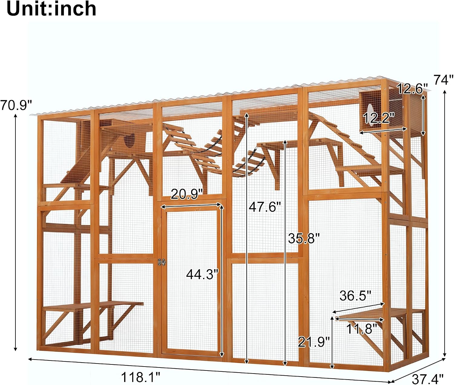 Merax 118 Inch Wooden Catio Outdoor Cat Enclosure,Large Luxury Kitty-House with 6 Jumping Platforms, 2 Bridges & Transparent PVC Roof, Kitty Kennel Condo Shelters and a Napping House, Natural