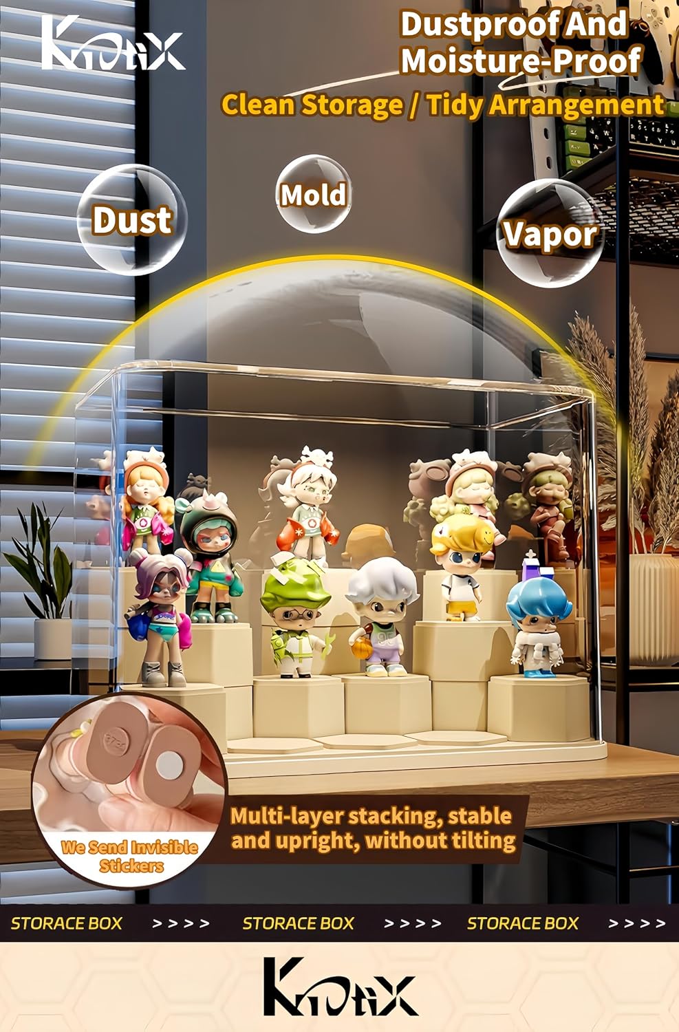 DIY Stackable Transparent Display Case for Figures, Dustproof Acrylic Display Boxes with 24 Movable Hexagonal Blocks, Large Capacity for Pop Mart, Lego, Collectibles (Cream)