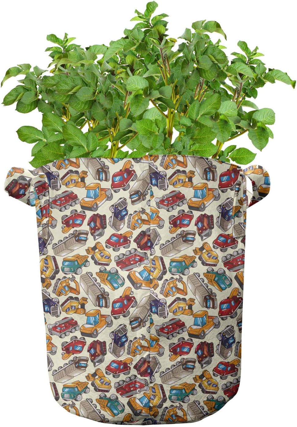 Lunarable Cartoon Grow Bags 5-Pack, Trucks Wheel Automobiles, Heavyduty Fabric Pots with Handles for Plants, Multicolor