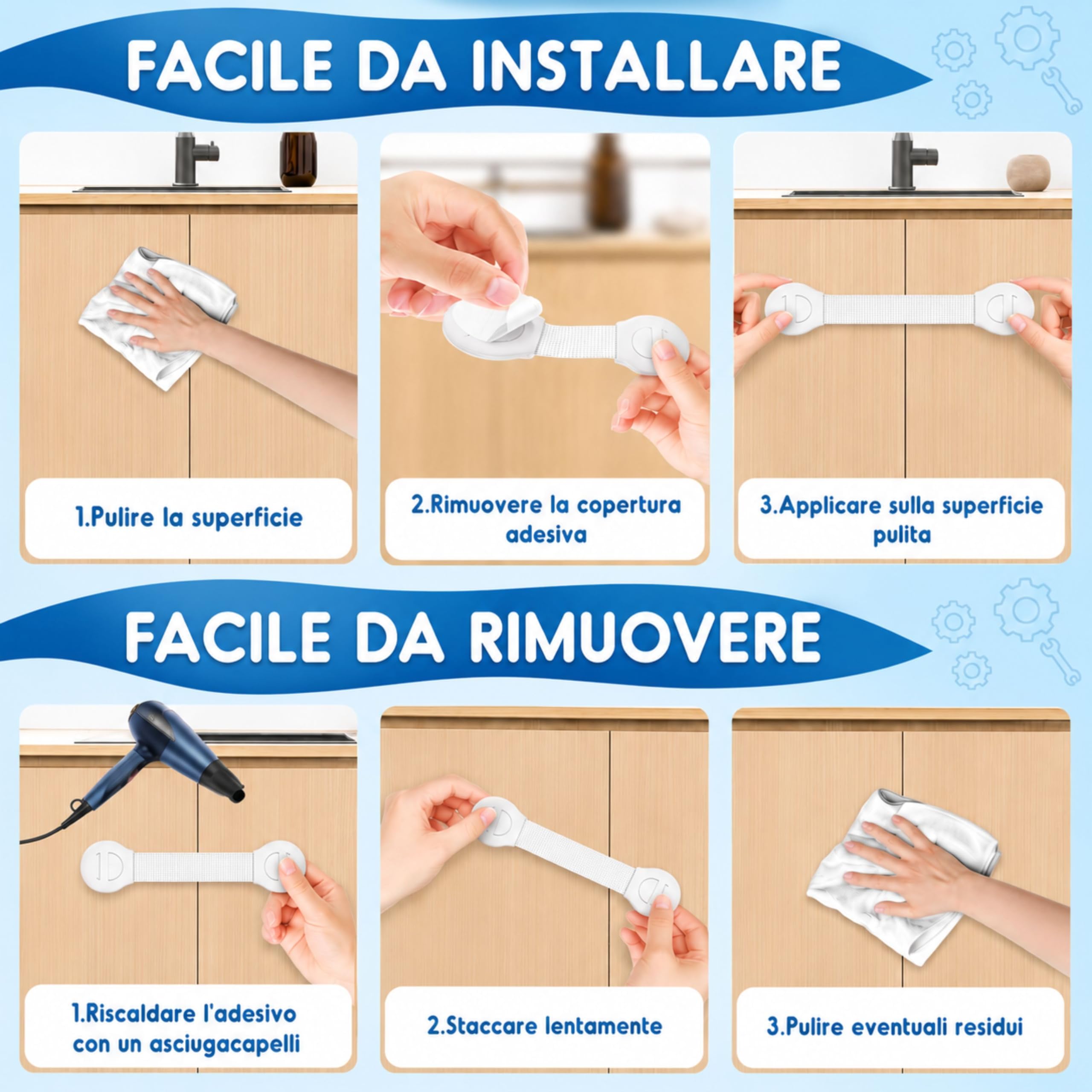 Blocca Cassetti Per Bambini Con Chiusura Di Sicurezza Adesiva, Installazione Senza Fori, Adesivo Ultra Resistente – Sicurezza Per Mobili Cucina Armadi Frigorifero