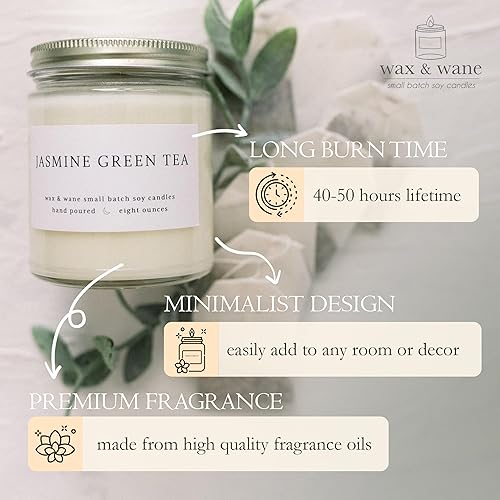 Miniatura 3 de Wax & Wane Jasmine Green Tea Modern 8oz Handmade Candle For Men and Women - Long Burning 40+ Hours Candles For Home, Bedroom, and Bathroom - 100%