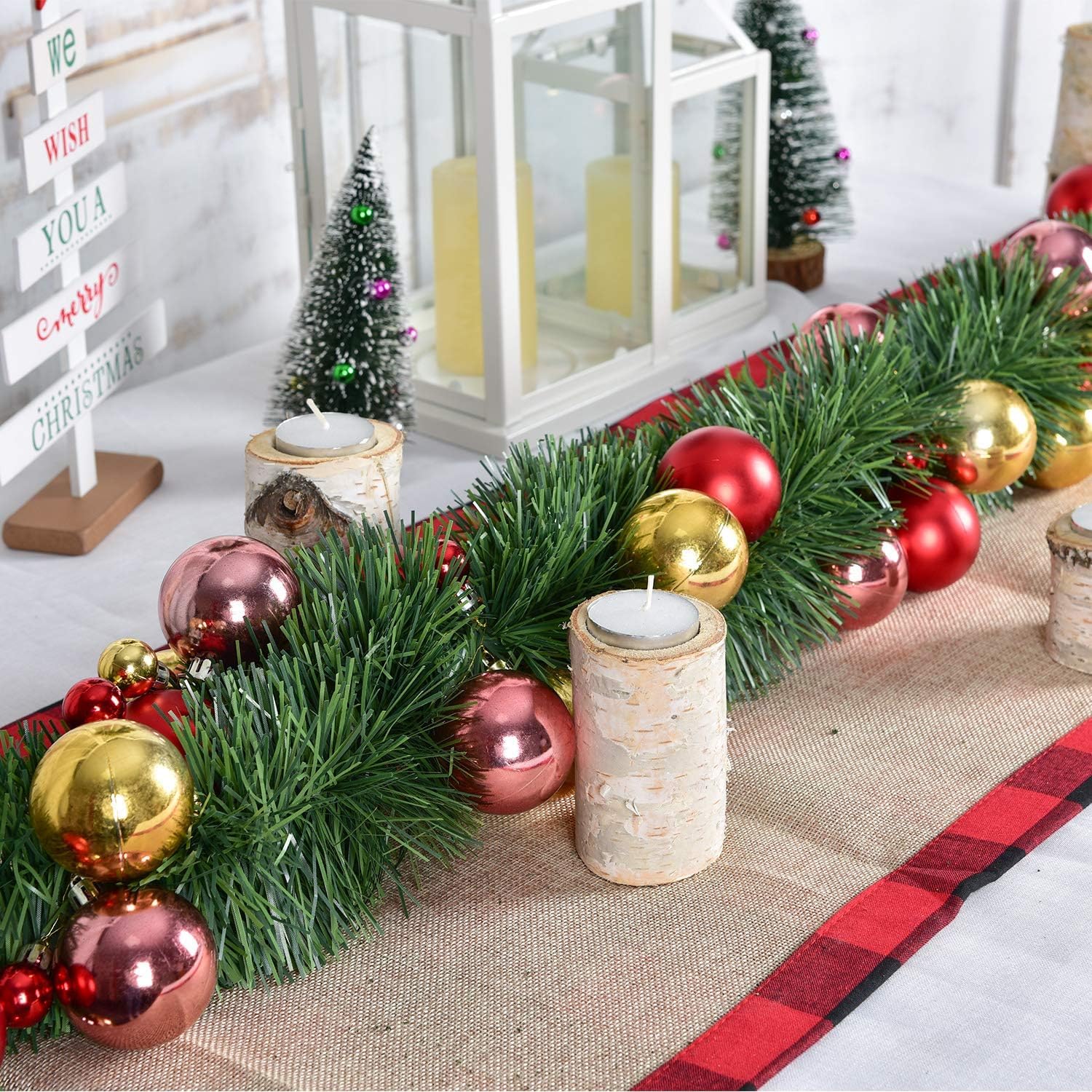 Guirnalda de Navidad, guirnalda de pino artificial de 16.4 pies, decoración de vacaciones para interiores y exteriores, chimeneas verdes, decoraciones de fiesta