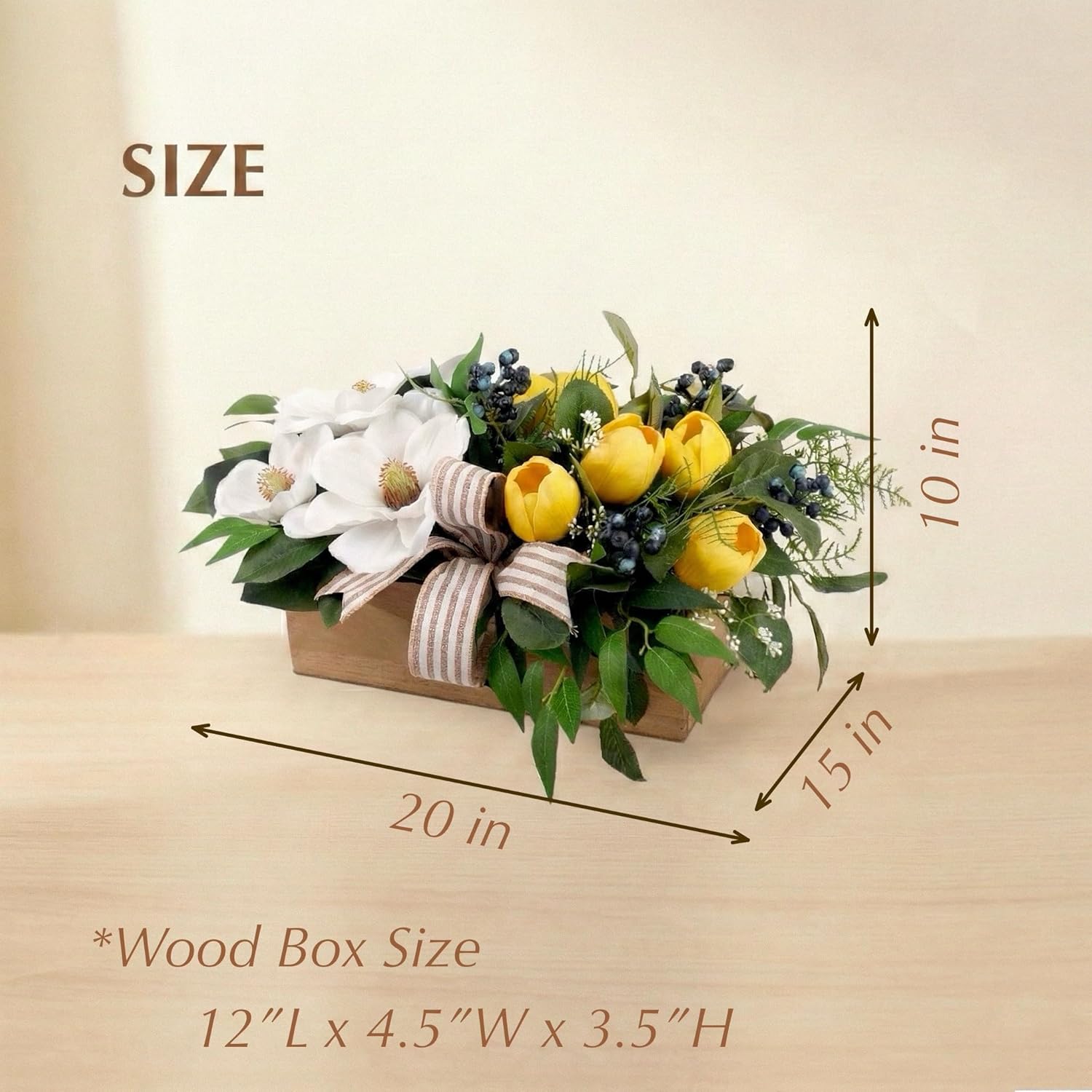 Spring Easter Flowers Centerpiece for Table, 20" L Lifelike Artificial Magnolia Tulip in Rectangular Wood Box, Lush Spring Faux Floral Arrangement Farmhouse Mantel Shelf Kitchen Island Decor