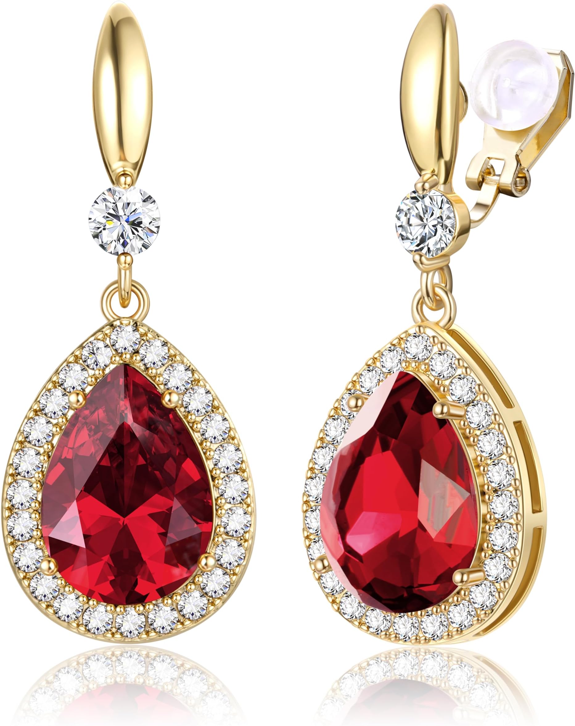 THUNARAZ Elegant Clip on Earrings for Women,Sparkling Teardrop Dangle Clip Earrings,Non-Pierced Rhinestone Cubic Zirconia Wedding Prom Jewelry 14K Gold and Silver Tone