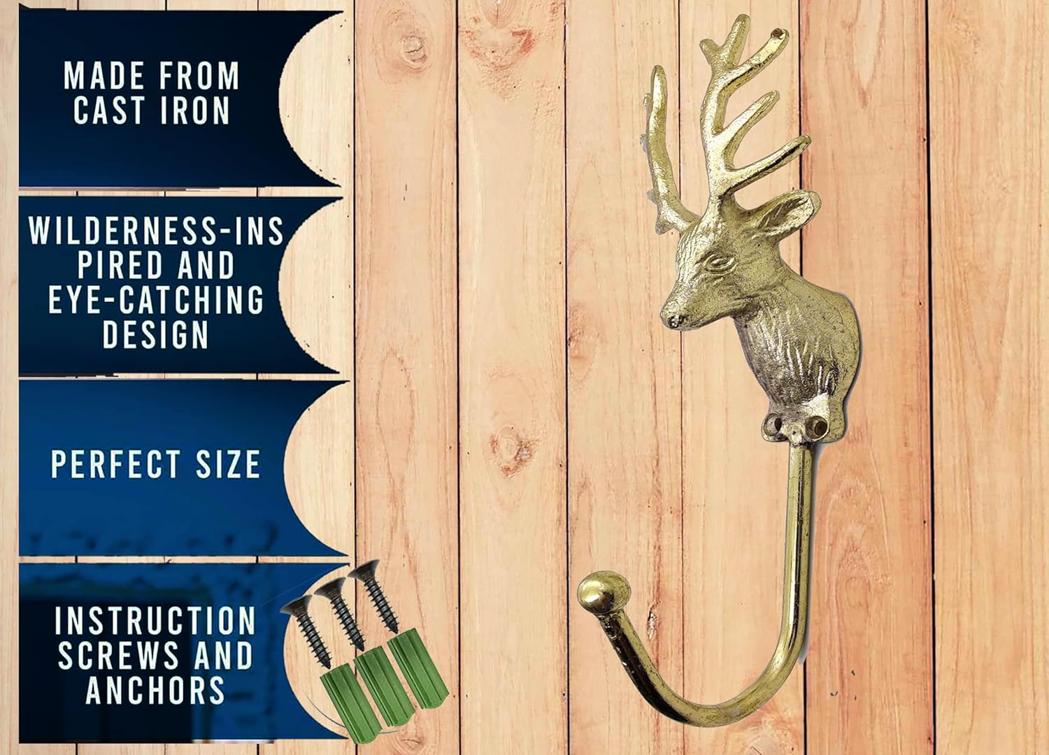 5MOONSUN5 Vintage Deer Head Coat Hook, Heavy Duty Antique Brass, Wall Mounted Animal Collection Deer Single Coat Hook Clothes Rack Wall Hanger, Polish Finish