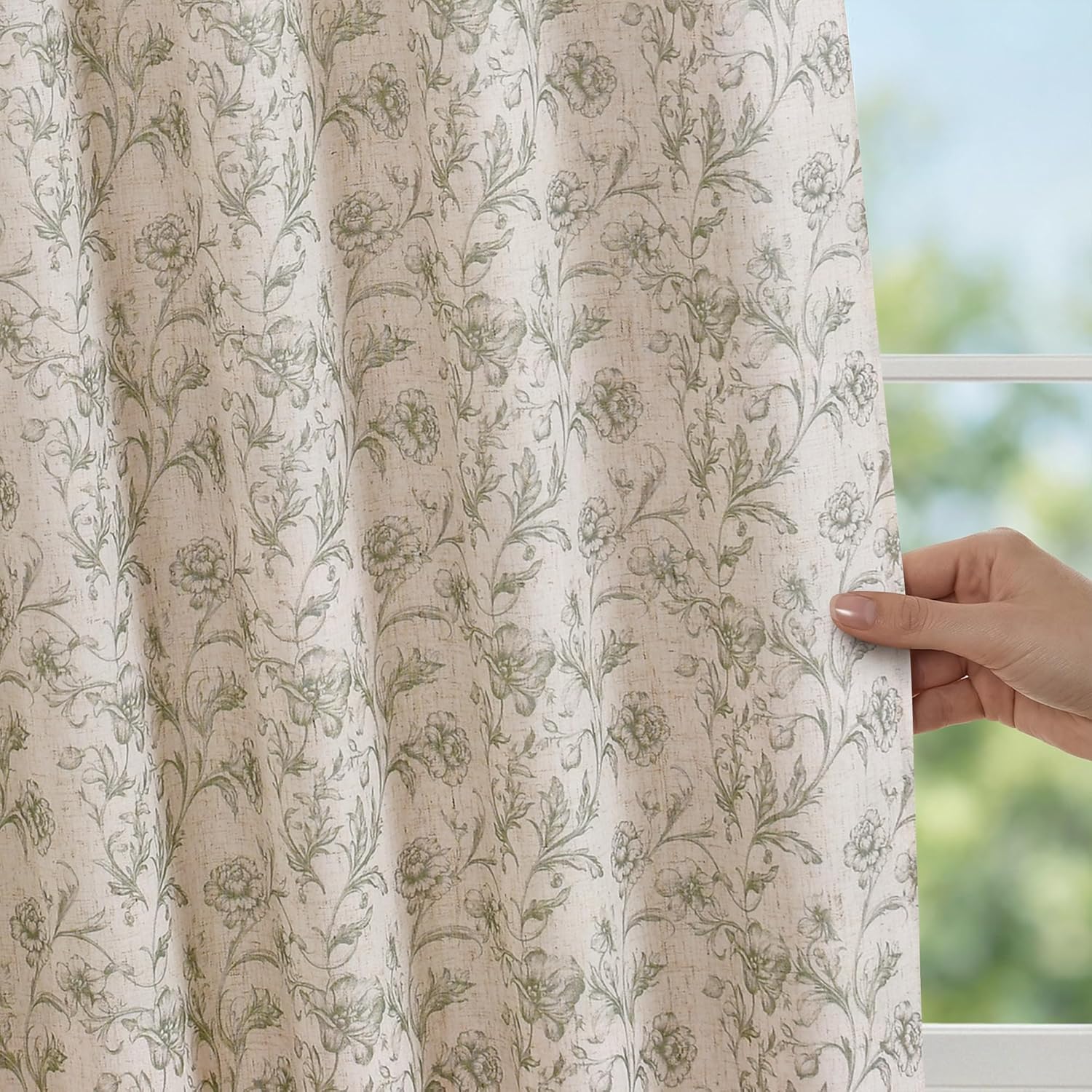 XWZO Green Floral Curtains 84 Inch Length Farmhouse Linen Curtain for Living Room Vintage Flower Botanical Patterned Curtains Rod Pocket Back Tab Bedroom Window Drapes Set 2 Panels