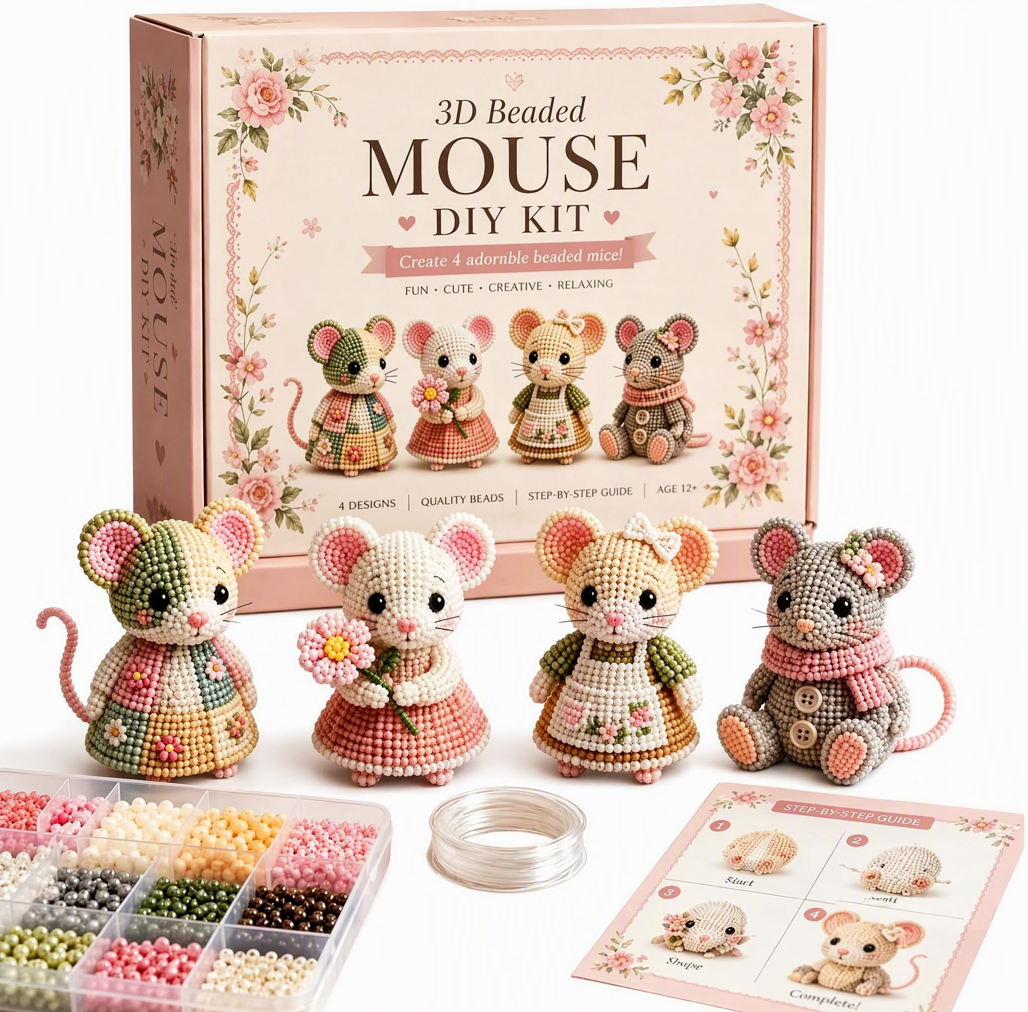 Mtbricey DIY Animals Beading Kit Tiny 3D Patchwork Mouse Beaded Embroidery Kit with Colorful Beads & Instructions Beaded Animal Handmade Jewellery Art Making Kit for Adults & DIY Projects Lovers (03)