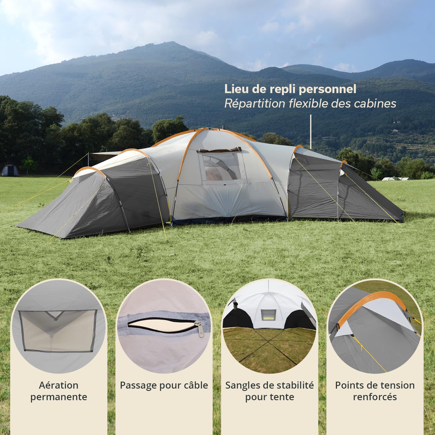 Skandika Corse/Turin Tente dôme pour 10-12 Personnes | Grande Tente familiale, 3 cabines de Couchage, 200 cm de Hauteur Debout, Colonne d'eau 5000 mm | Extérieur, Camping, Famille