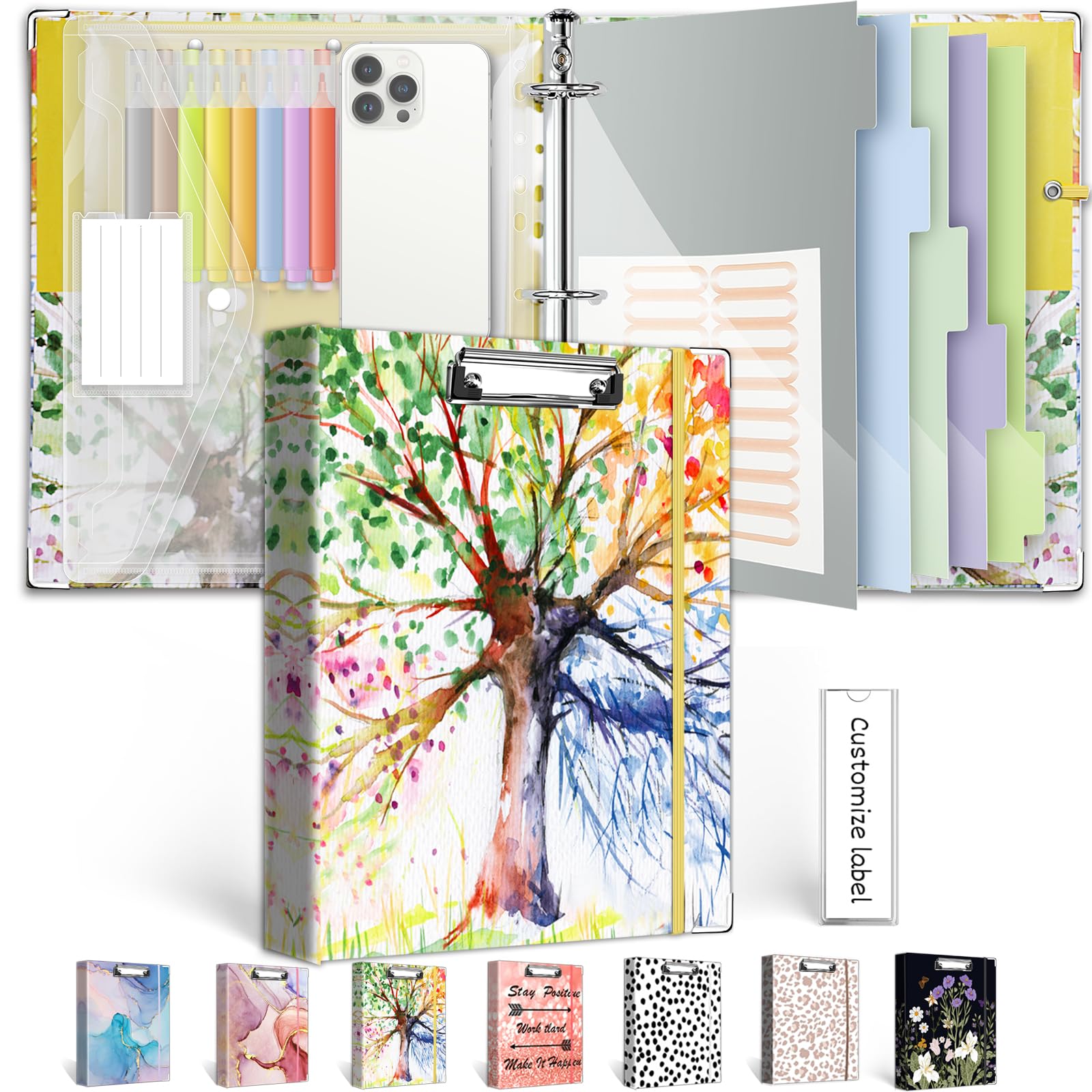 Photo 1 of 1 Inch 3 Ring Binder Organizer, Three Ring Binder with Clipboard, 5-Tabs Pockets Dividers, Transparent Folder,18 Divider Stikers, BVSSX Decorative Binders for Letter Size 8.5"x11" Paper (Seasons Tree)