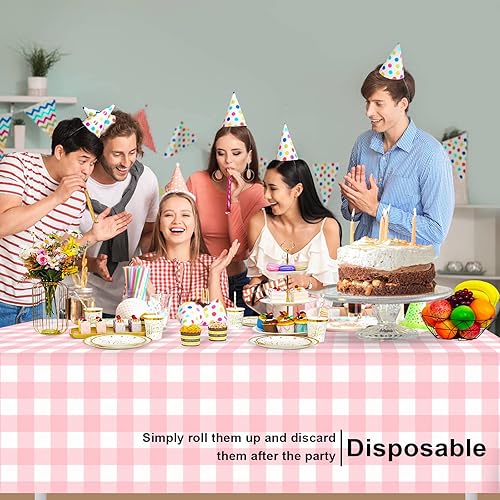 Miniatura 4 de LIKAJON Paquete de 6 manteles a cuadros rosa y blanco, manteles de plástico rosa para fiestas, desechables, 54 x 108 pulgadas, mantel de campamento