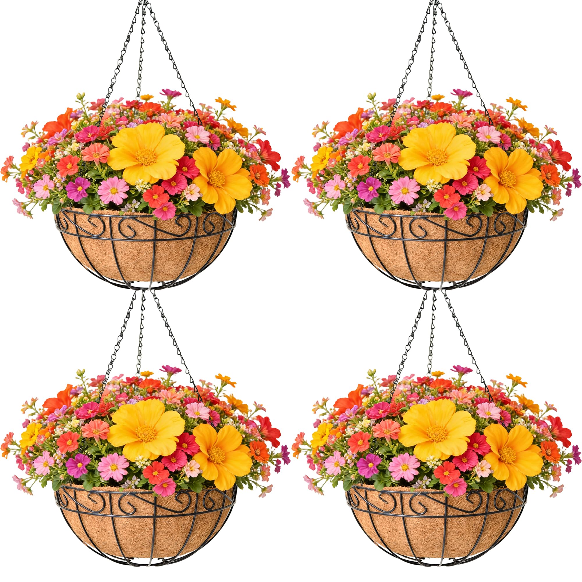 4 Pack Black Metal Hanging Planters for Outdoor Plant 14 Inch Plants Hanging Baskets with Coco Liner & Chain Round Plants Flower Pots for Patio Porch and Garden Decor