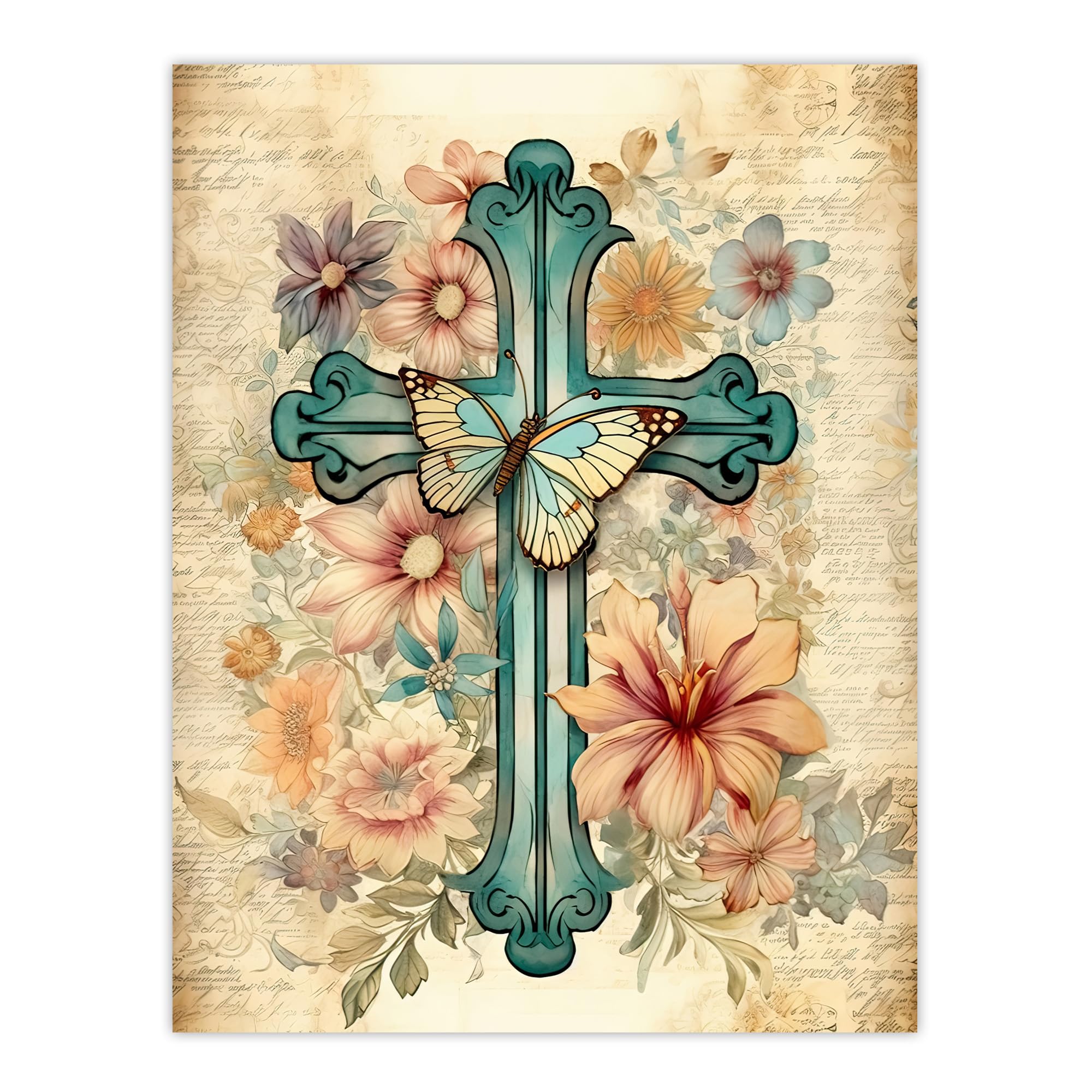 Artery8 Flowery Cross Upcycle Watercolour Painting Pastel Colour Flower Blooms and Butterfly Extra Large XL Wall Art Poster Print