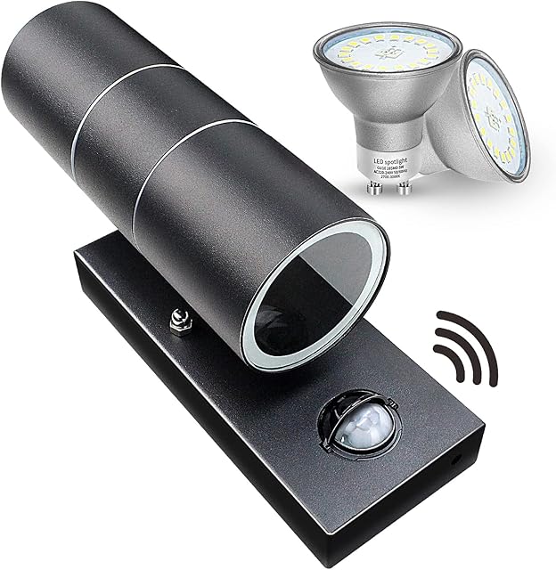 Wondlumi Outdoor Up Down Wall Light PIR Motion Sensor Outdoor Lights Mains Powered IP44 LED Wall Security Lights Black, Incl. 2X 5W GU10 Bulbs Cool White