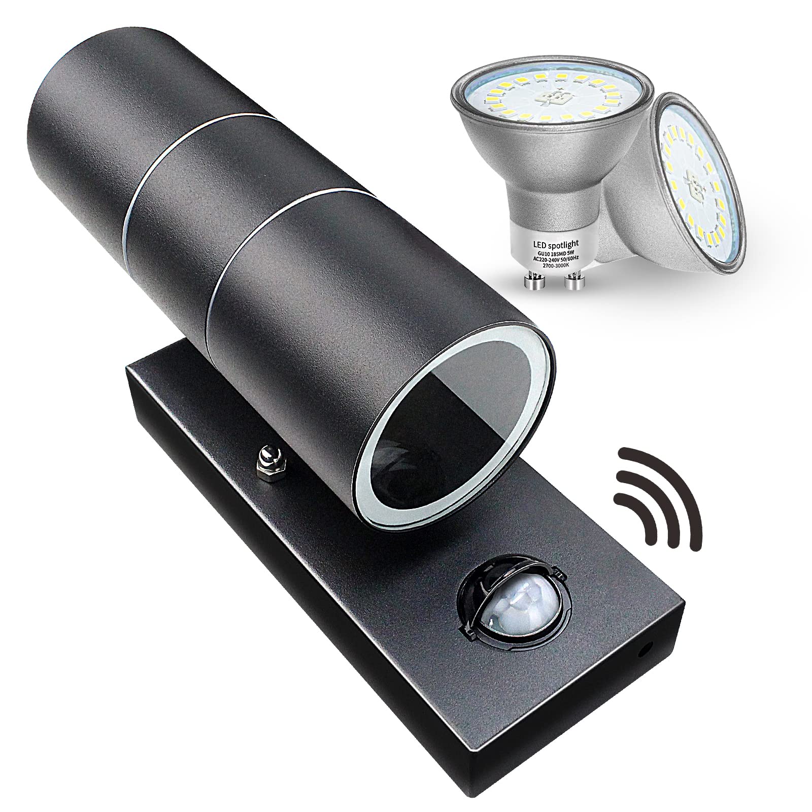 WondlumiOutdoor Up Down Wall Light PIR Motion Sensor IP44 LED Wall Security Lights Matte Black 240V -Incl. 2X 5W GU10 Bulbs Cool White