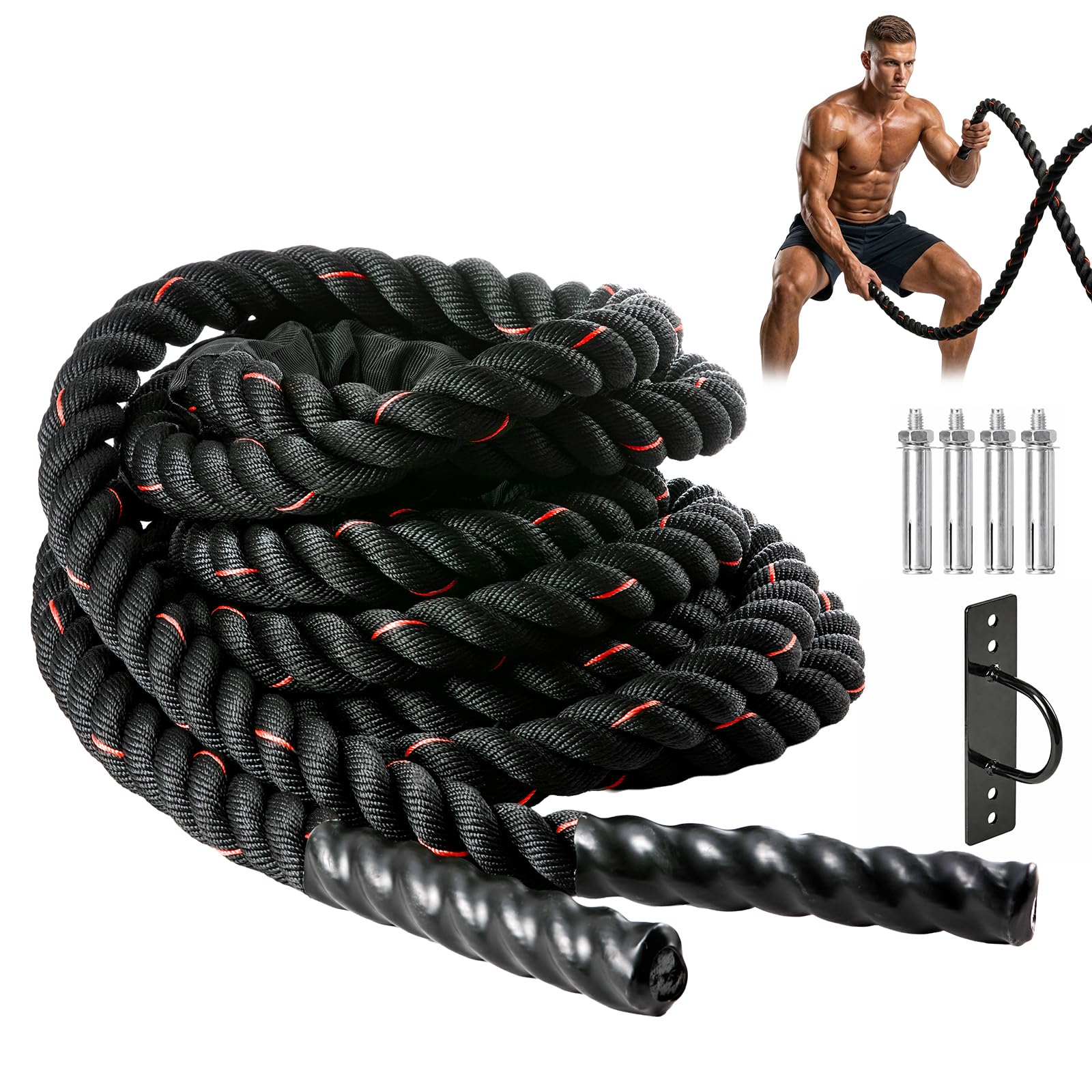 Evergoods Men's Black + Red Battle Rope 9M X 38Mm – Heavy Duty Polyester Workout Rope For Home Gym, Full Body Exercise, Muscle Building & Strength Training (Black + Red)