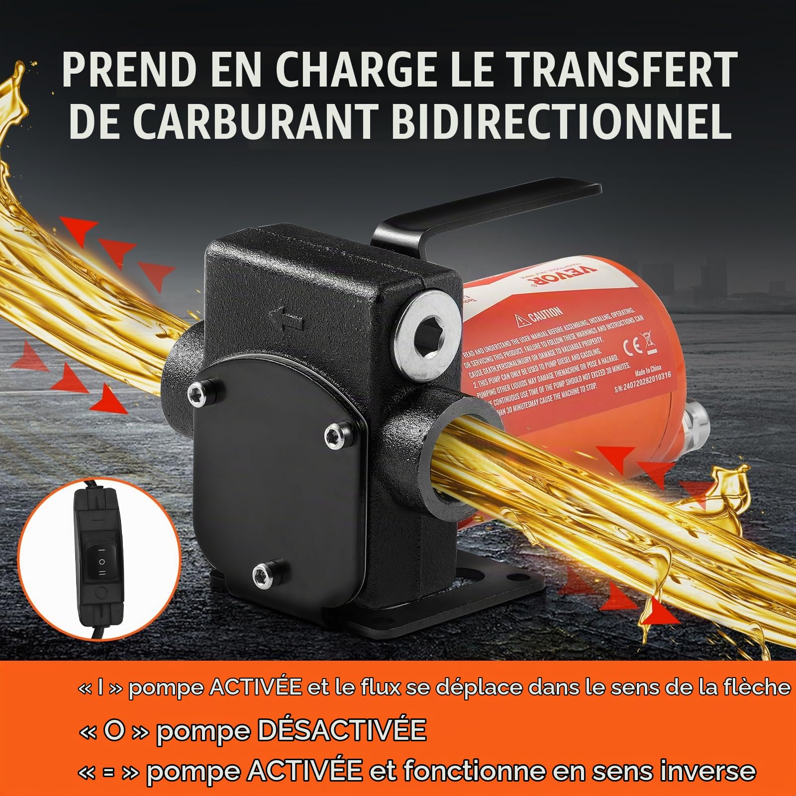 VEVOR Pompe Transfert Carburant Électrique Portable 12 V CC 5 GPM 19 L/min 1/7 CV Buse de Carburant Arrêt Automatique, Long Tuyau Entrée et Sortie, pour Mélange d'Essence, Diesel, Kérosène, Méthanol
