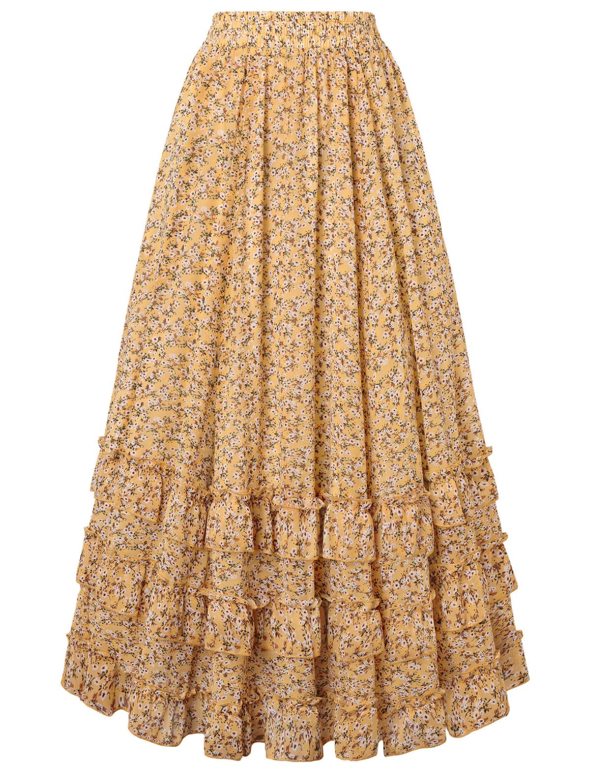 SCARLET DARKNESS Damen Maxi Röcke Blumen Chiffon Viktorianisches Elastisch Hohe Taille Fließend Rüsche Langer Rock mit Taschen