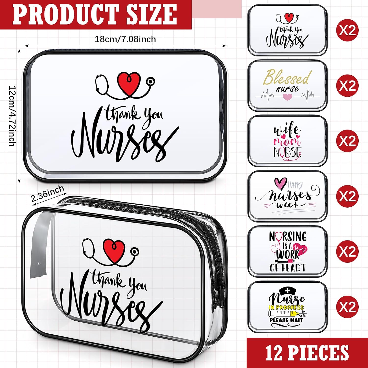 Abbylike 12 Pcs Nurse Theme Clear Makeup Bags PVC Zipper Pouch image 2