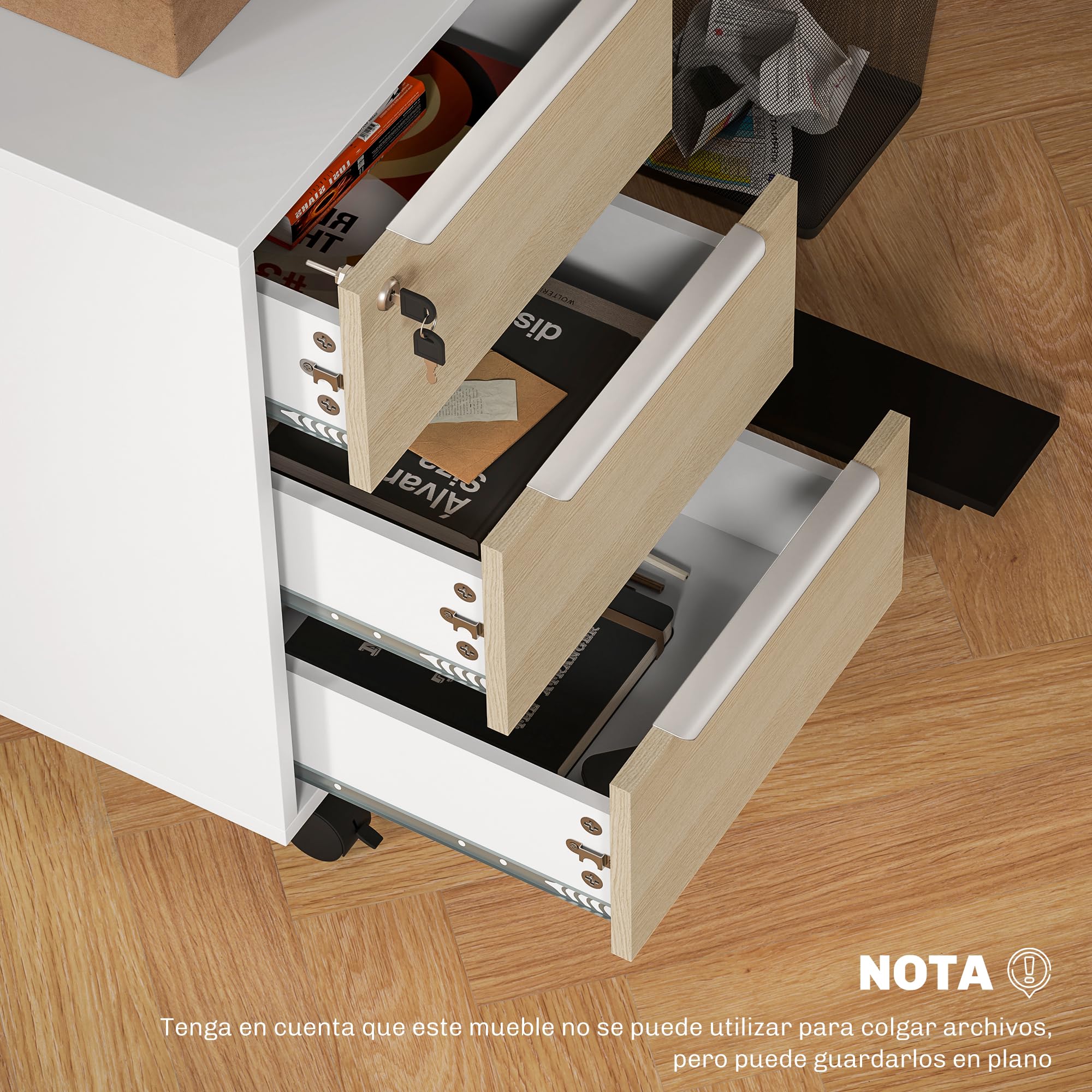 HOMCOM Cassettiera per ufficio su ruote 3 cassetti con serratura e 2 chiavi per sala studio 40x40x63,5 cm Bianco e rovere
