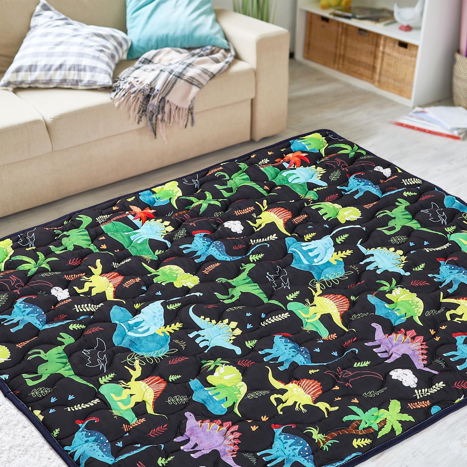 Baby Play Mat 50 x 50, Thicker Infant Crawling Mat, Non-Slip Baby Playmat for Floor, Foldable and Machine Washable Floor Mat, Black Dinosaur