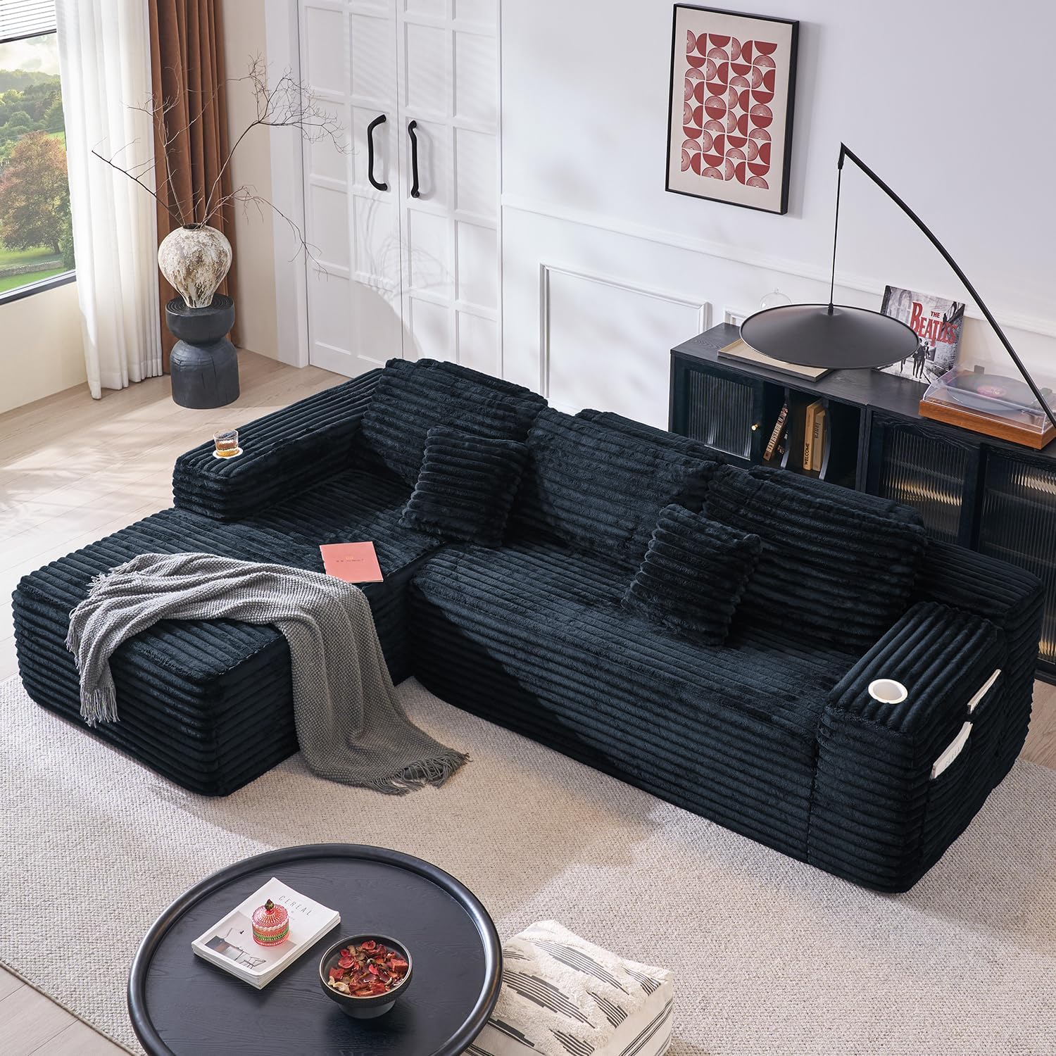 Cloud Sectional Couch with L-Shape Chaise, Modern Modular Sofa with Deep Seat, Built-in Cup Holder & Storage Pocket for Living Room Bedroom, No Assembly Required (Black, Right Facing Chaise)