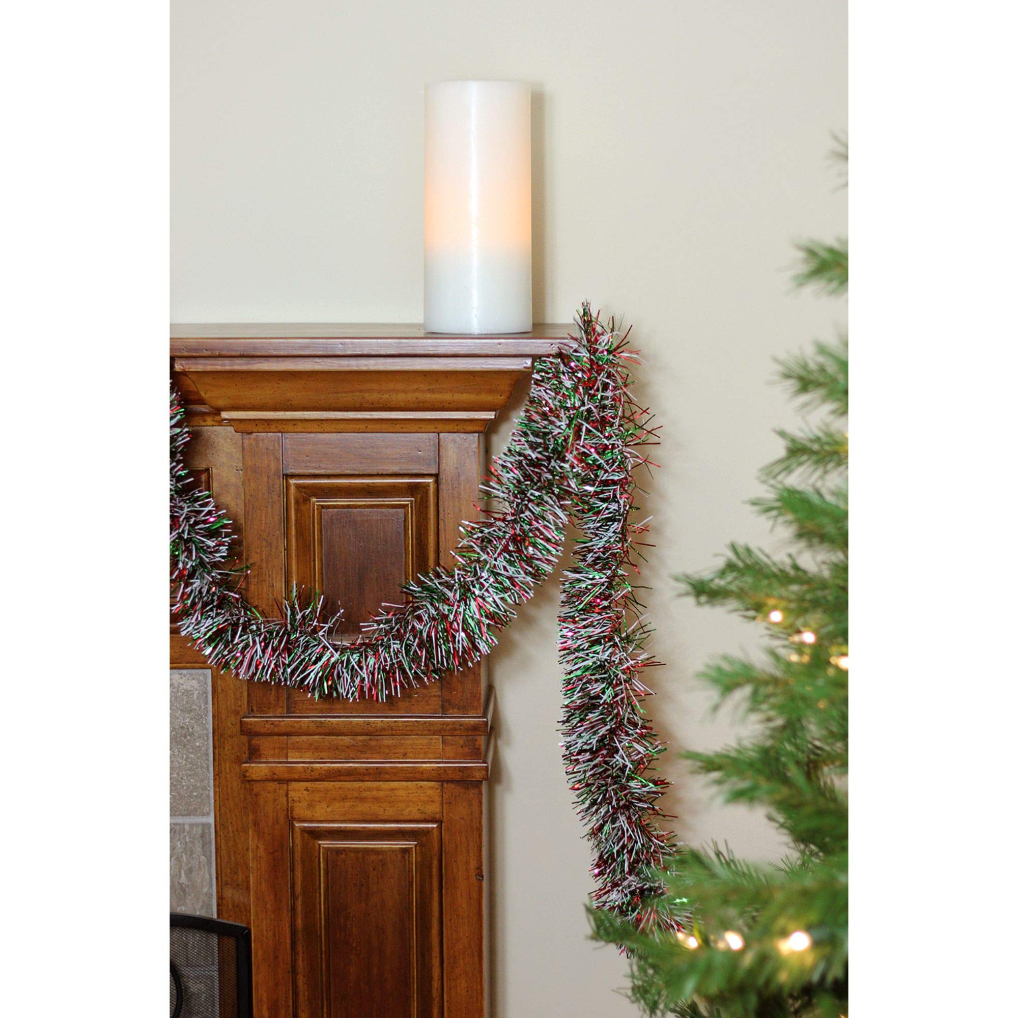 Northlight Festive Shiny Christmas Tinsel Garland Unlit-6 Ply, 50', Red/Green/White